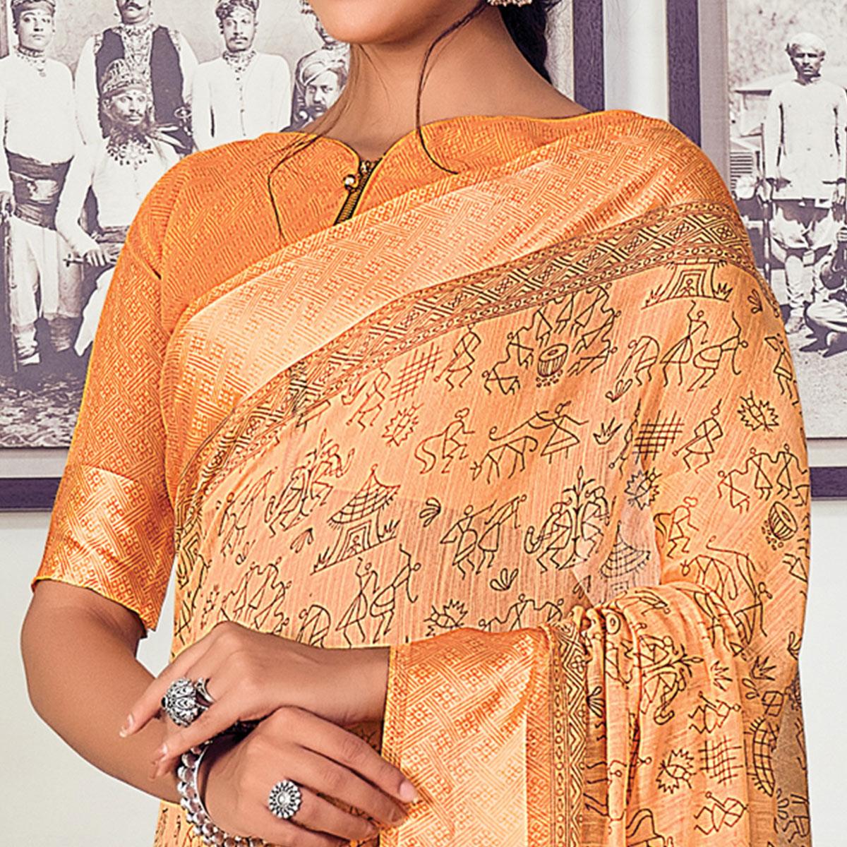 Orange Casual Wear Printed Cotton Saree - Peachmode