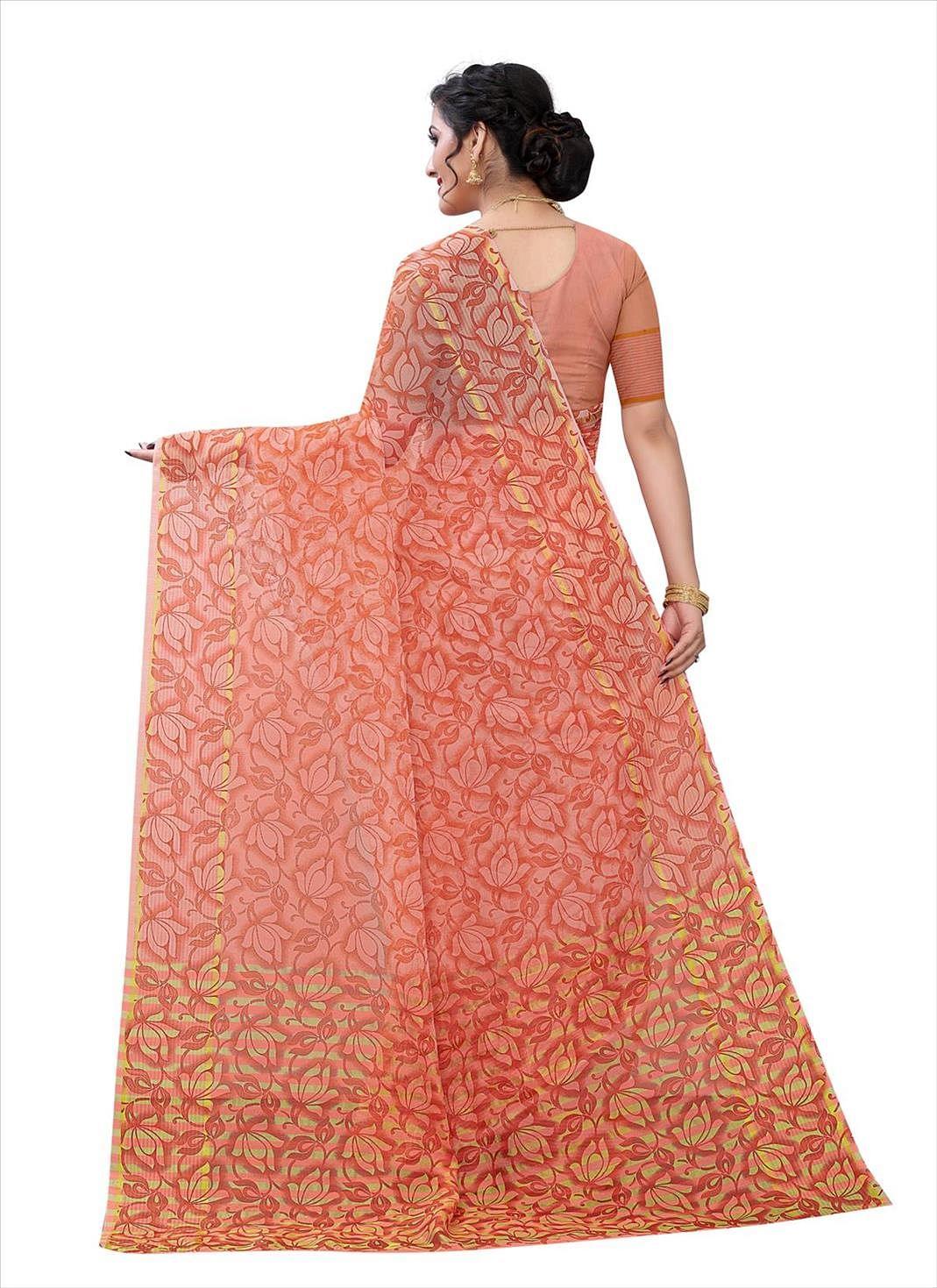 Orange Casual Wear Printed Cotton Saree - Peachmode