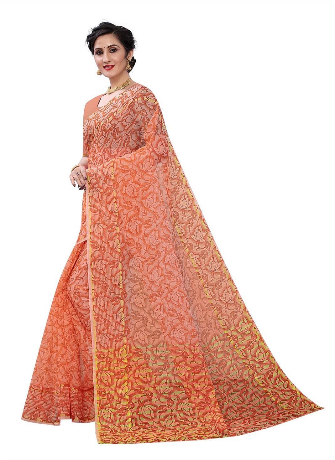 Orange Casual Wear Printed Cotton Saree - Peachmode