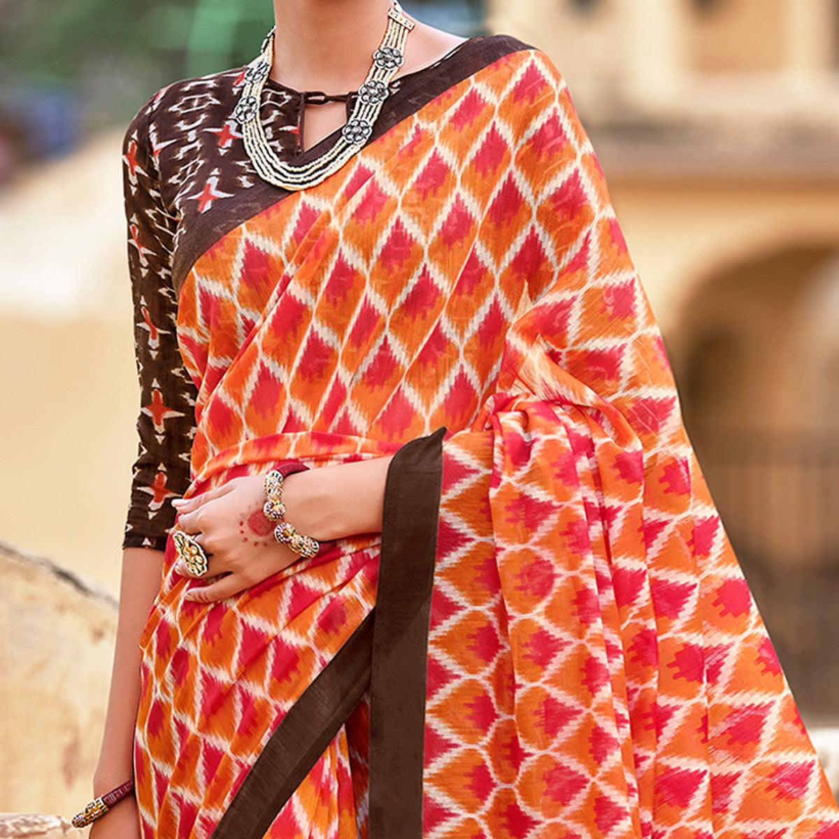 Orange Casual Wear Printed Cotton Silk Saree - Peachmode