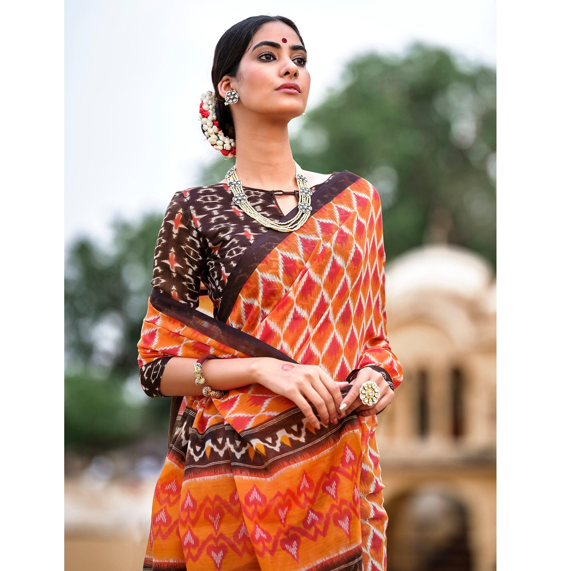 Orange Casual Wear Printed Cotton Silk Saree - Peachmode