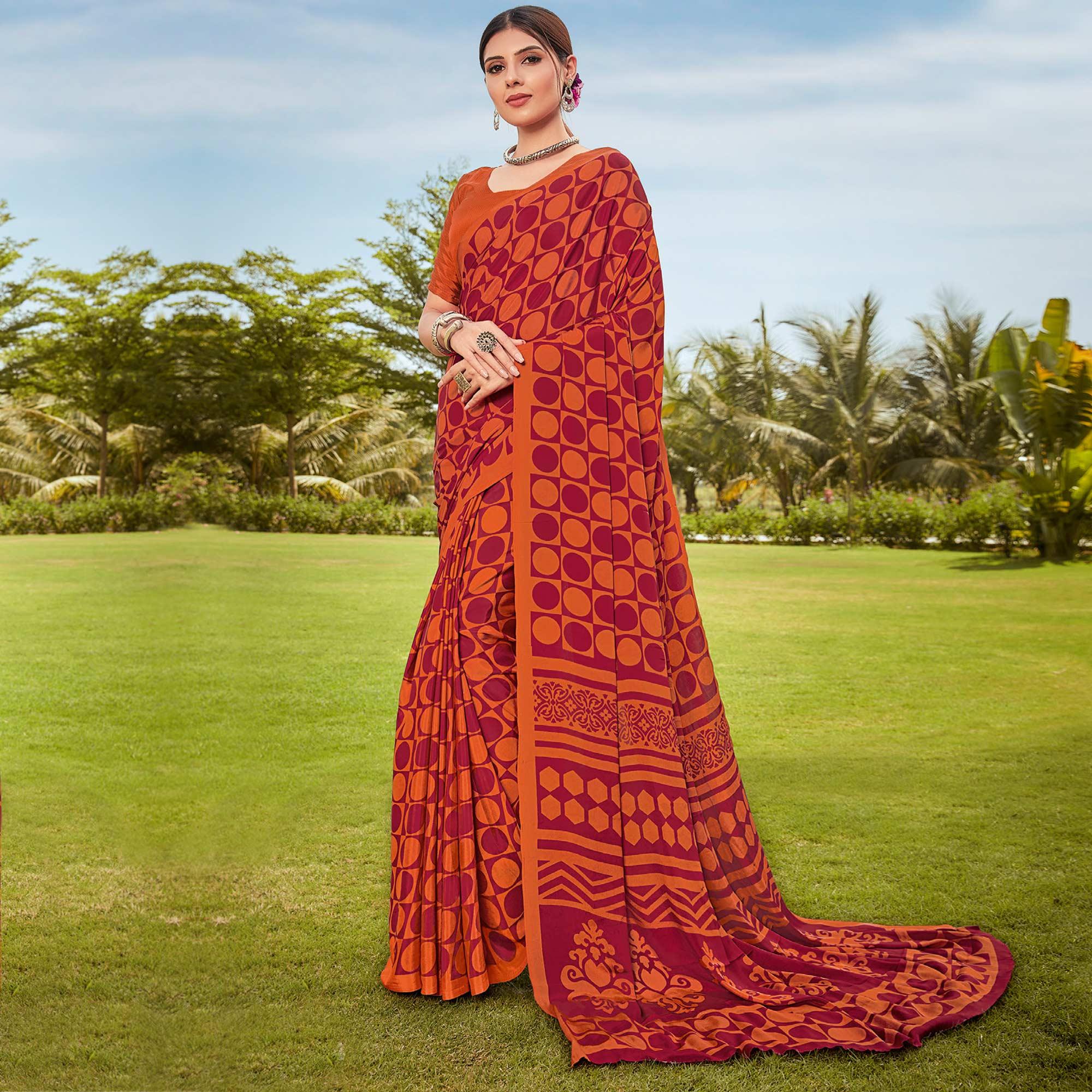 Orange Casual Wear Printed Crepe Saree - Peachmode