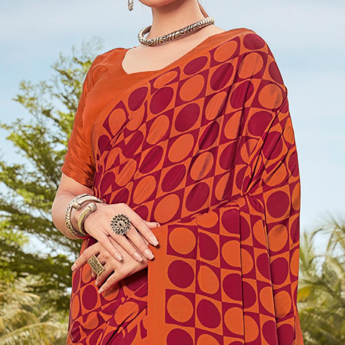 Orange Casual Wear Printed Crepe Saree - Peachmode