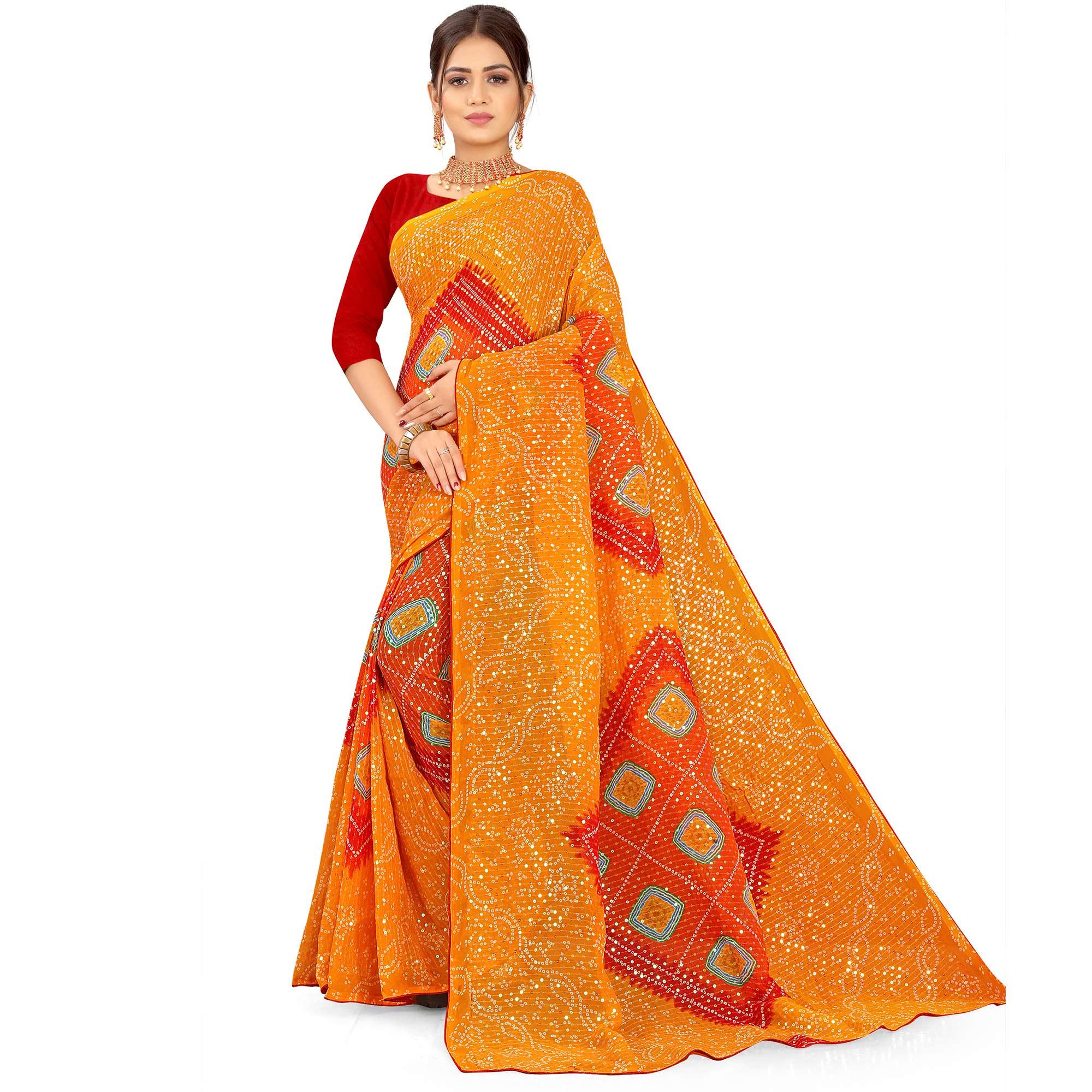 Orange Casual Wear Printed Georgette Saree - Peachmode