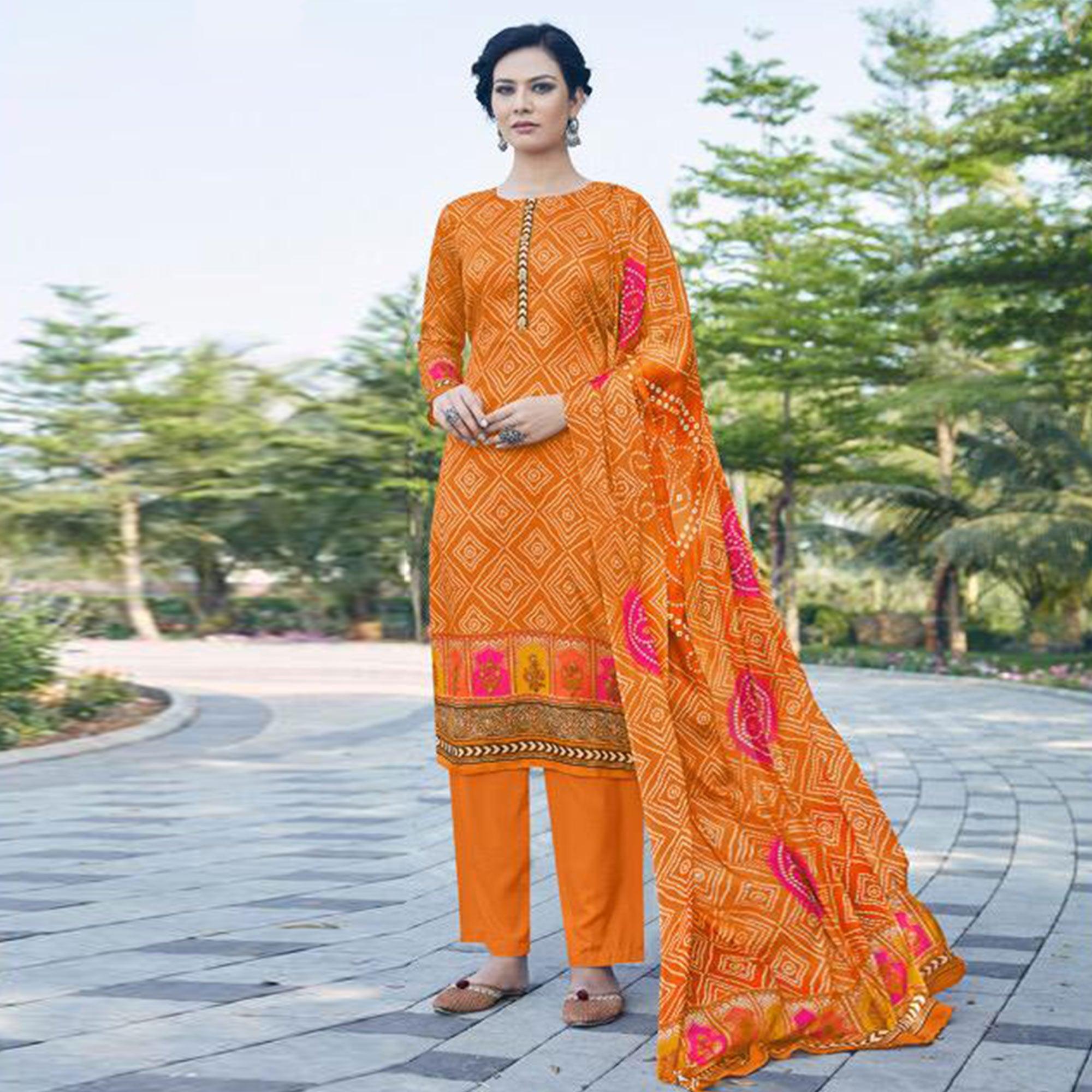 Orange Casual Wear Printed Jam Satin Suit - Peachmode