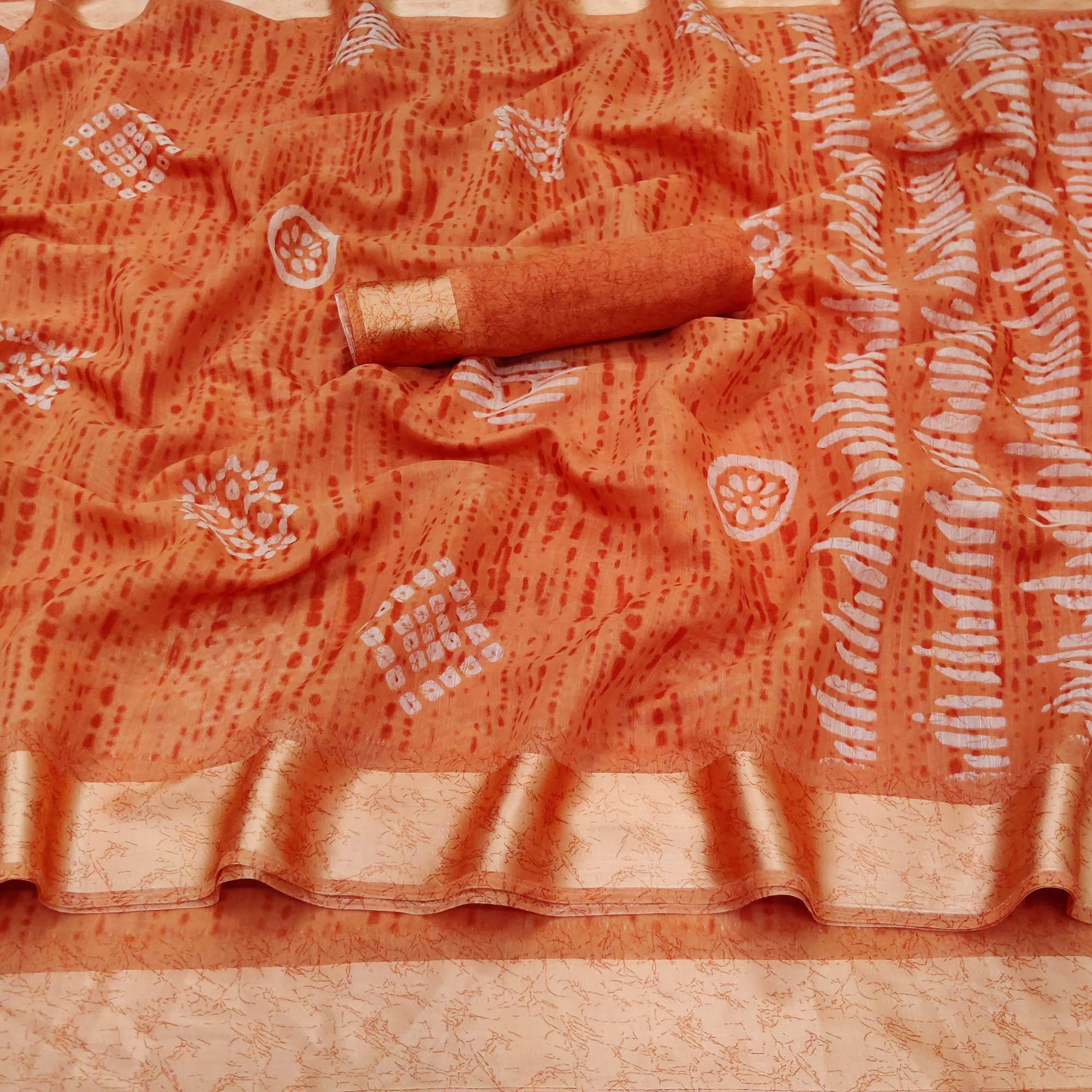 Orange Casual Wear Printed Linen Cotton Saree - Peachmode