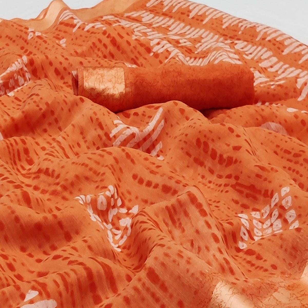 Orange Casual Wear Printed Linen Cotton Saree - Peachmode