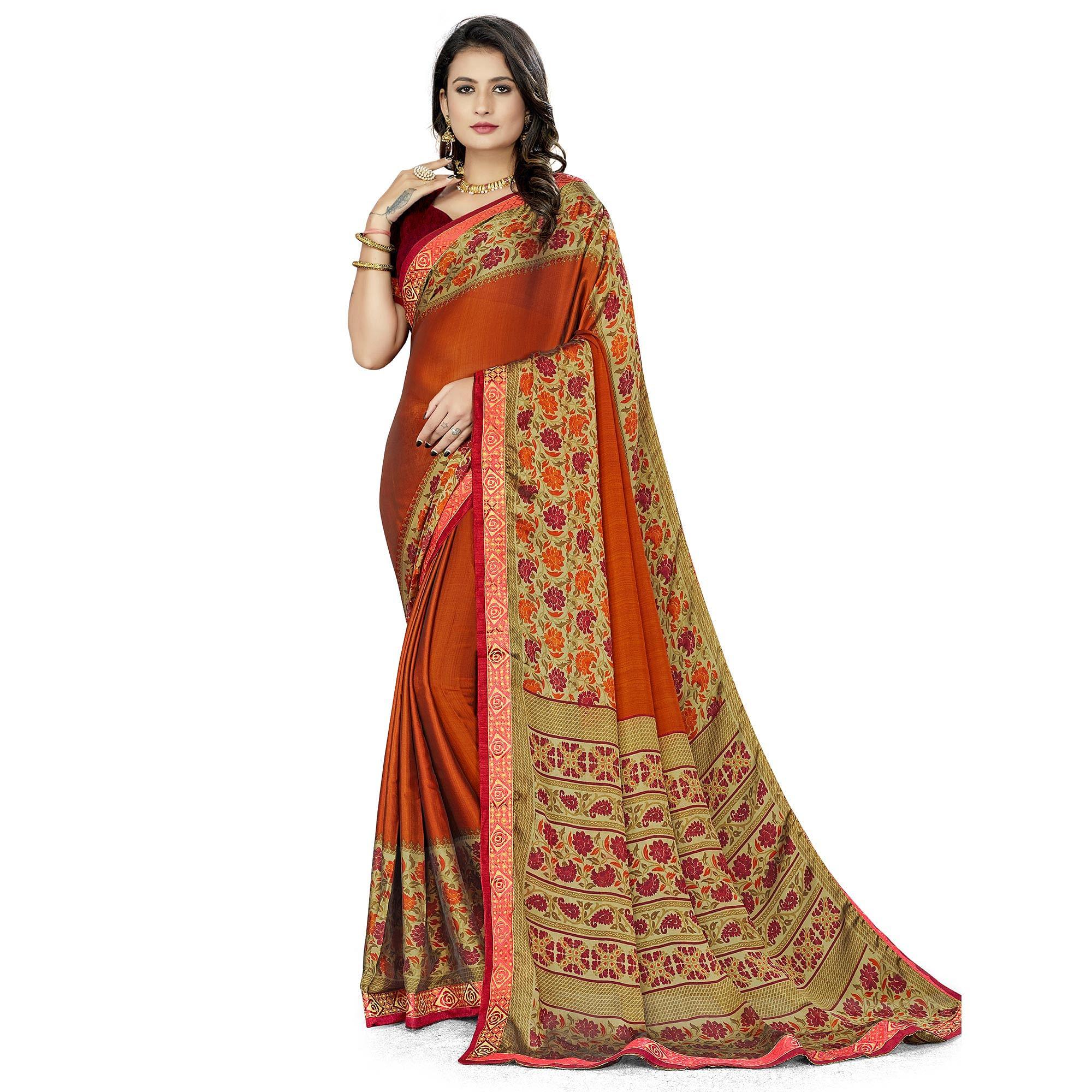 Orange Casual Wear Printed Rangoli Silk Saree - Peachmode