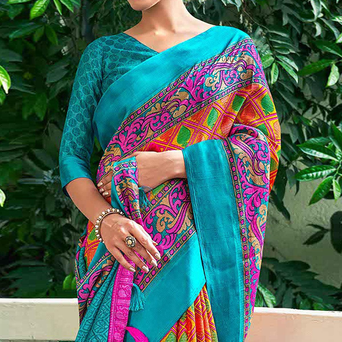 Orange Casual Wear Printed Silk Brasso Saree - Peachmode