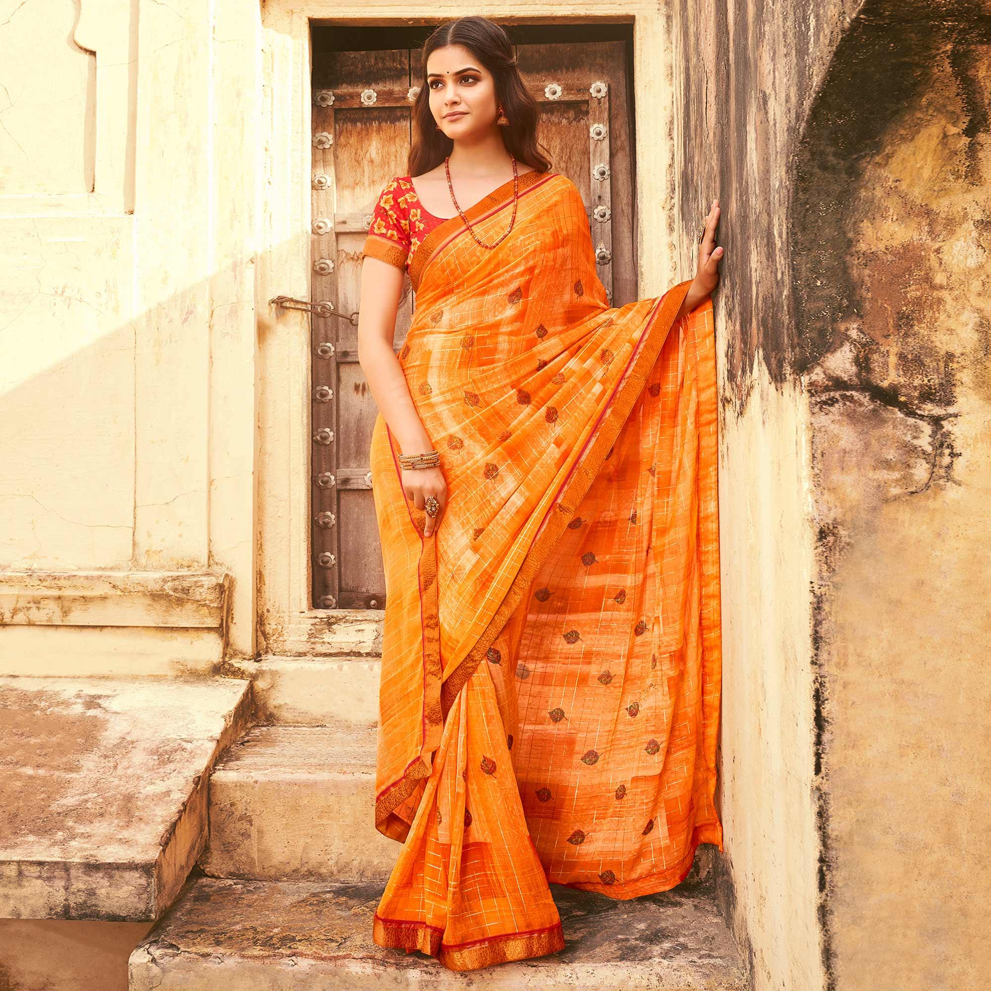 Orange Casual Wear Printed Silk Saree - Peachmode