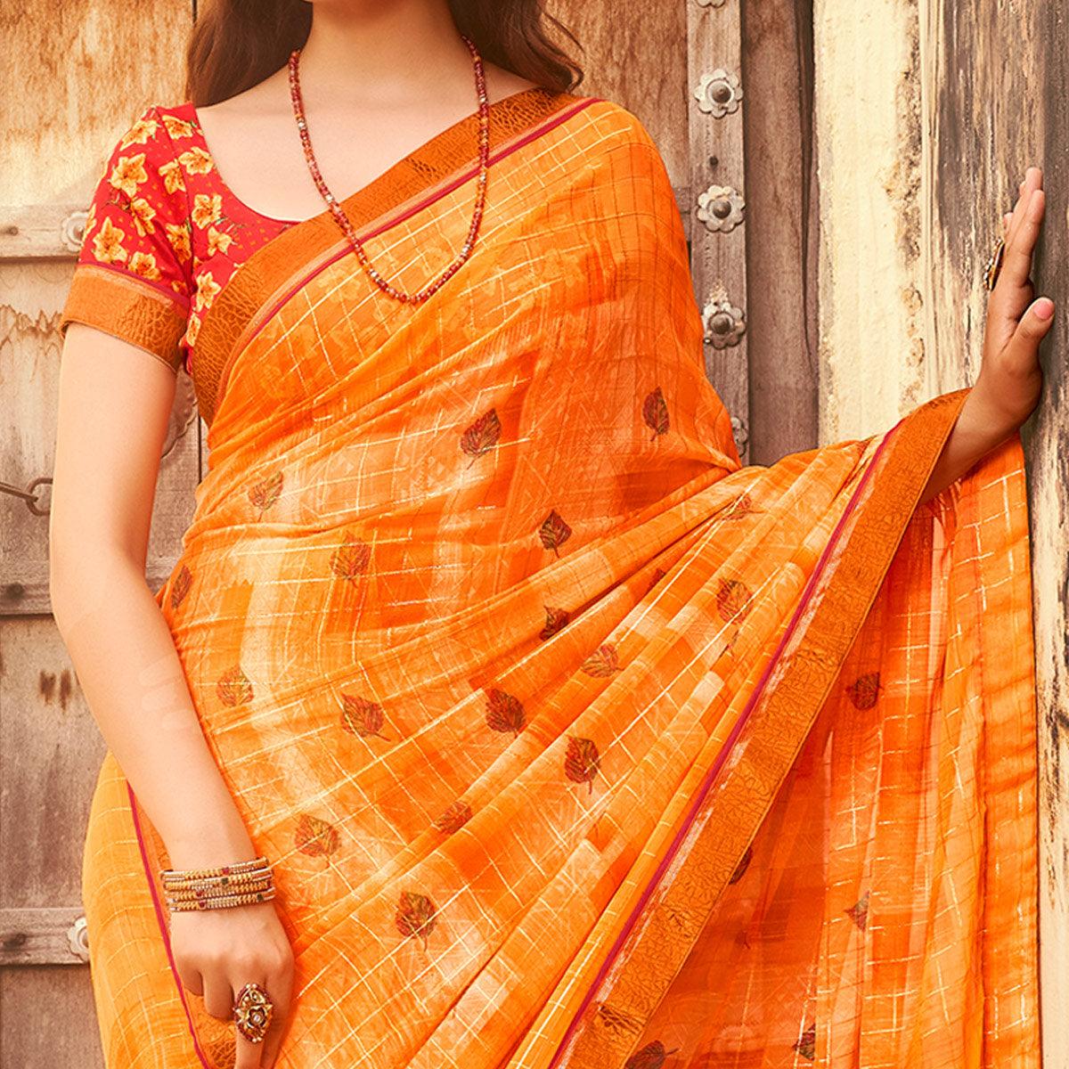 Orange Casual Wear Printed Silk Saree - Peachmode