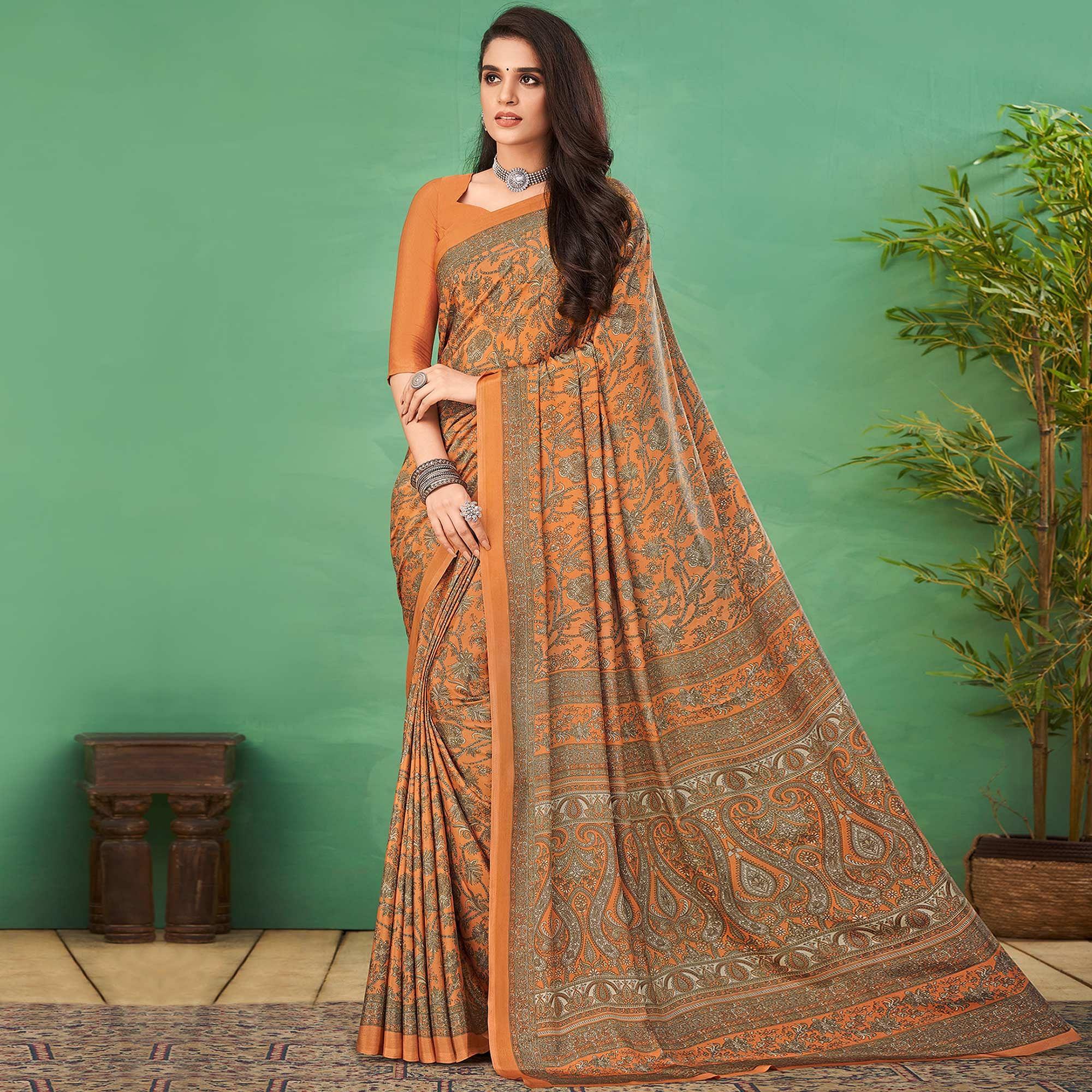 Orange Casual Wear Printed Silk Saree - Peachmode