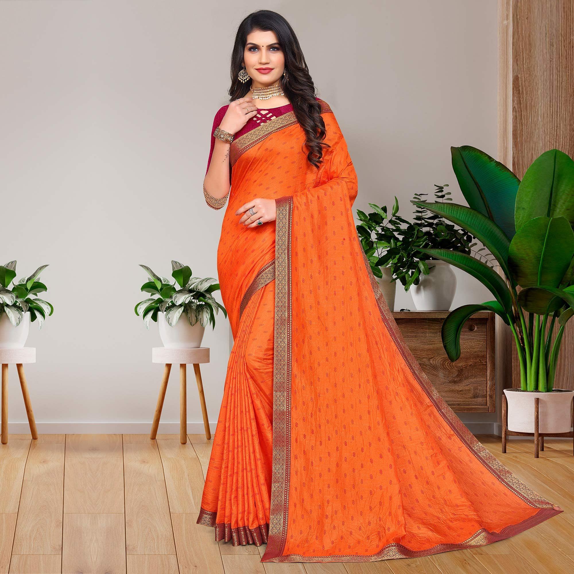 Orange Casual Wear Printed Vichitra Silk Saree - Peachmode