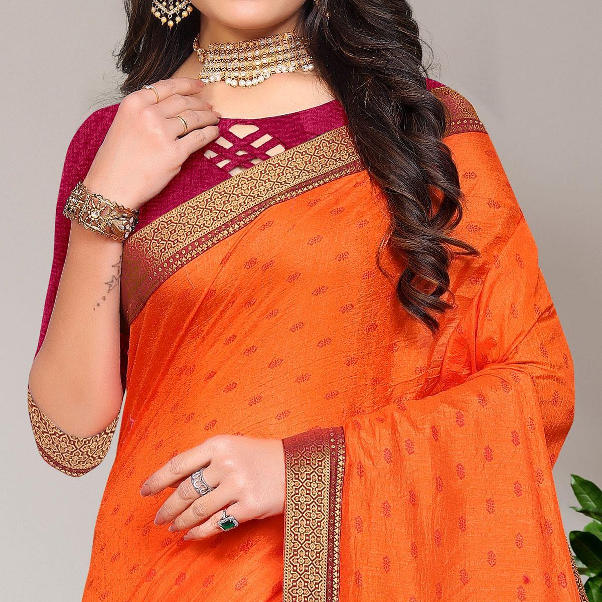 Orange Casual Wear Printed Vichitra Silk Saree - Peachmode