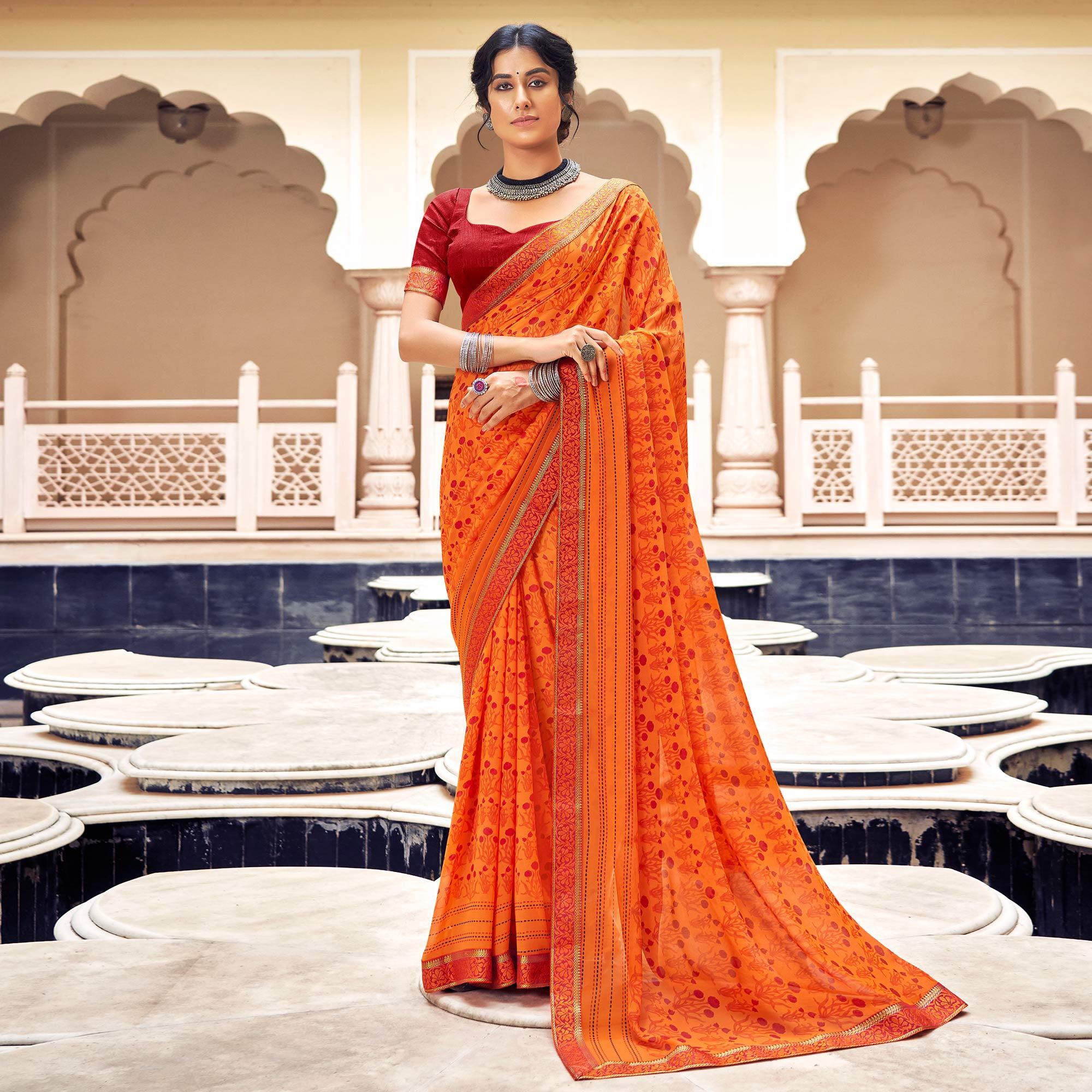 Orange Casual Wear Printed Weightless Georgette Saree - Peachmode