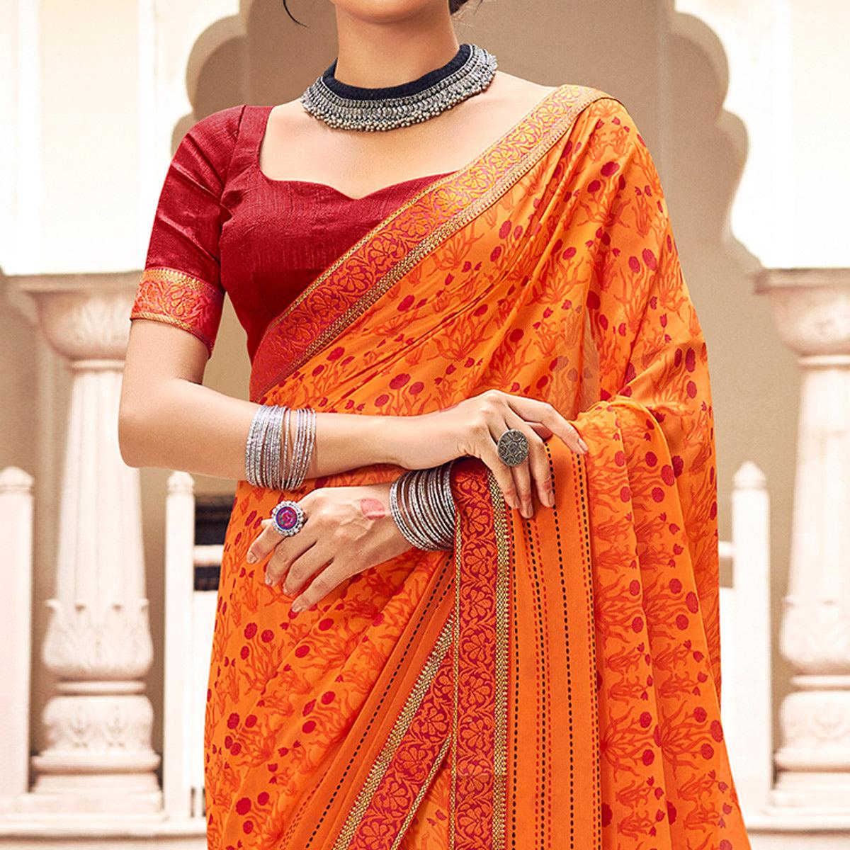 Orange Casual Wear Printed Weightless Georgette Saree - Peachmode