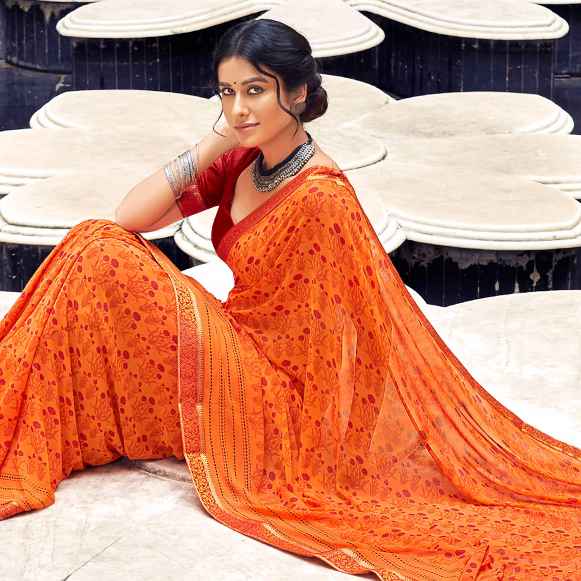 Orange Casual Wear Printed Weightless Georgette Saree - Peachmode