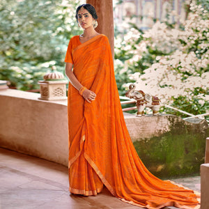 Orange Casual Wear Printed With Fancy Lace Georgette Saree - Peachmode