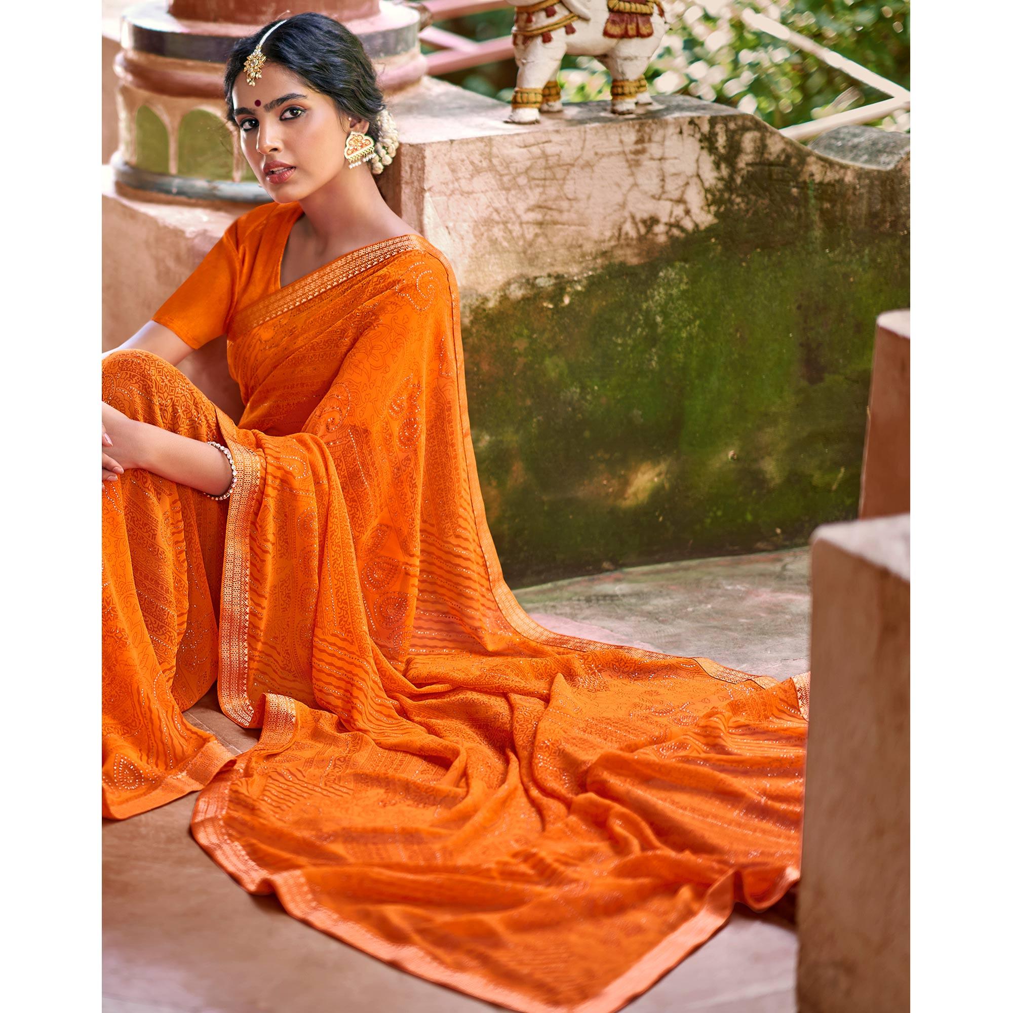 Orange Casual Wear Printed With Fancy Lace Georgette Saree - Peachmode