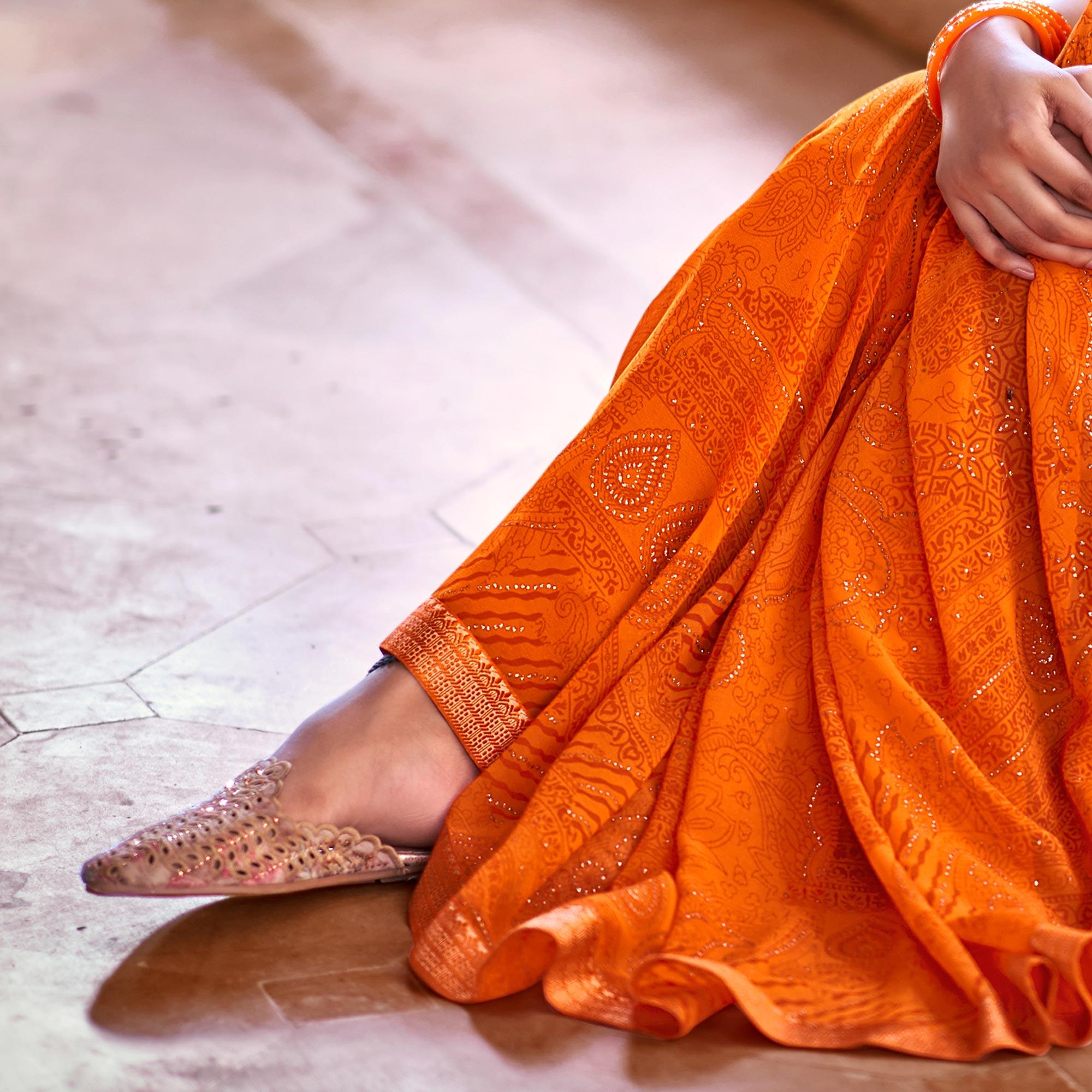 Orange Casual Wear Printed With Fancy Lace Georgette Saree - Peachmode