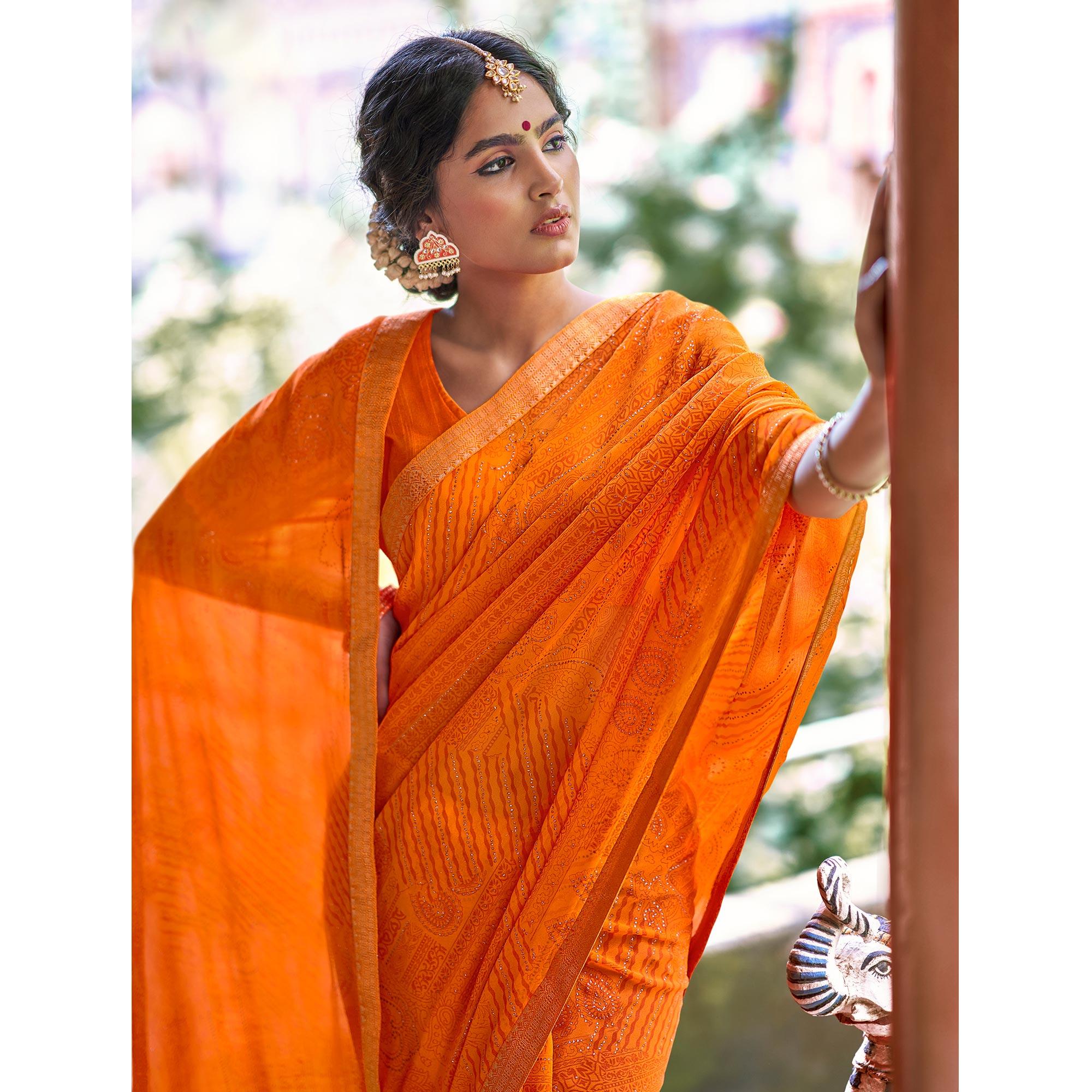 Orange Casual Wear Printed With Fancy Lace Georgette Saree - Peachmode
