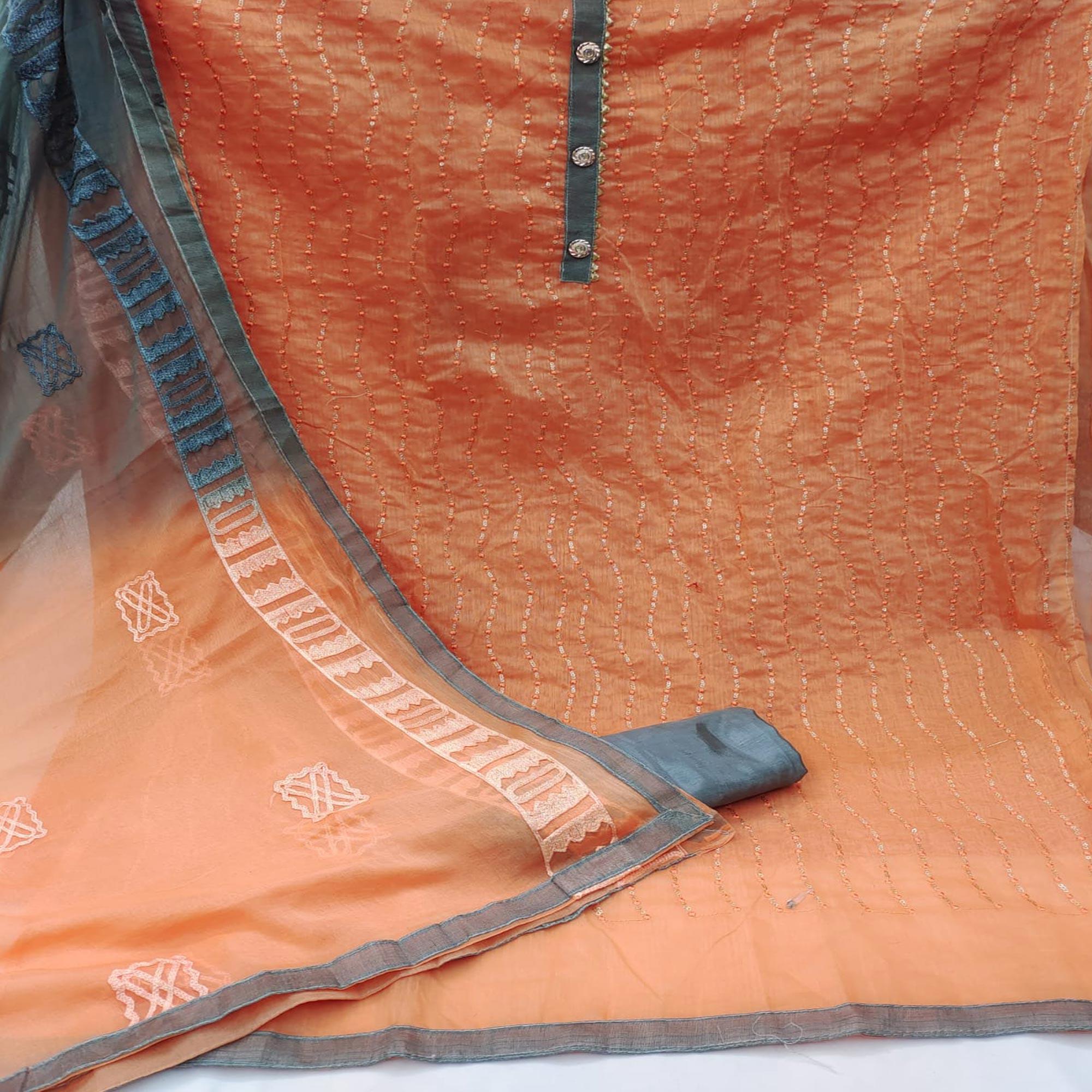Orange Casual Wear Sequence Embroidered Chanderi Dress Material - Peachmode