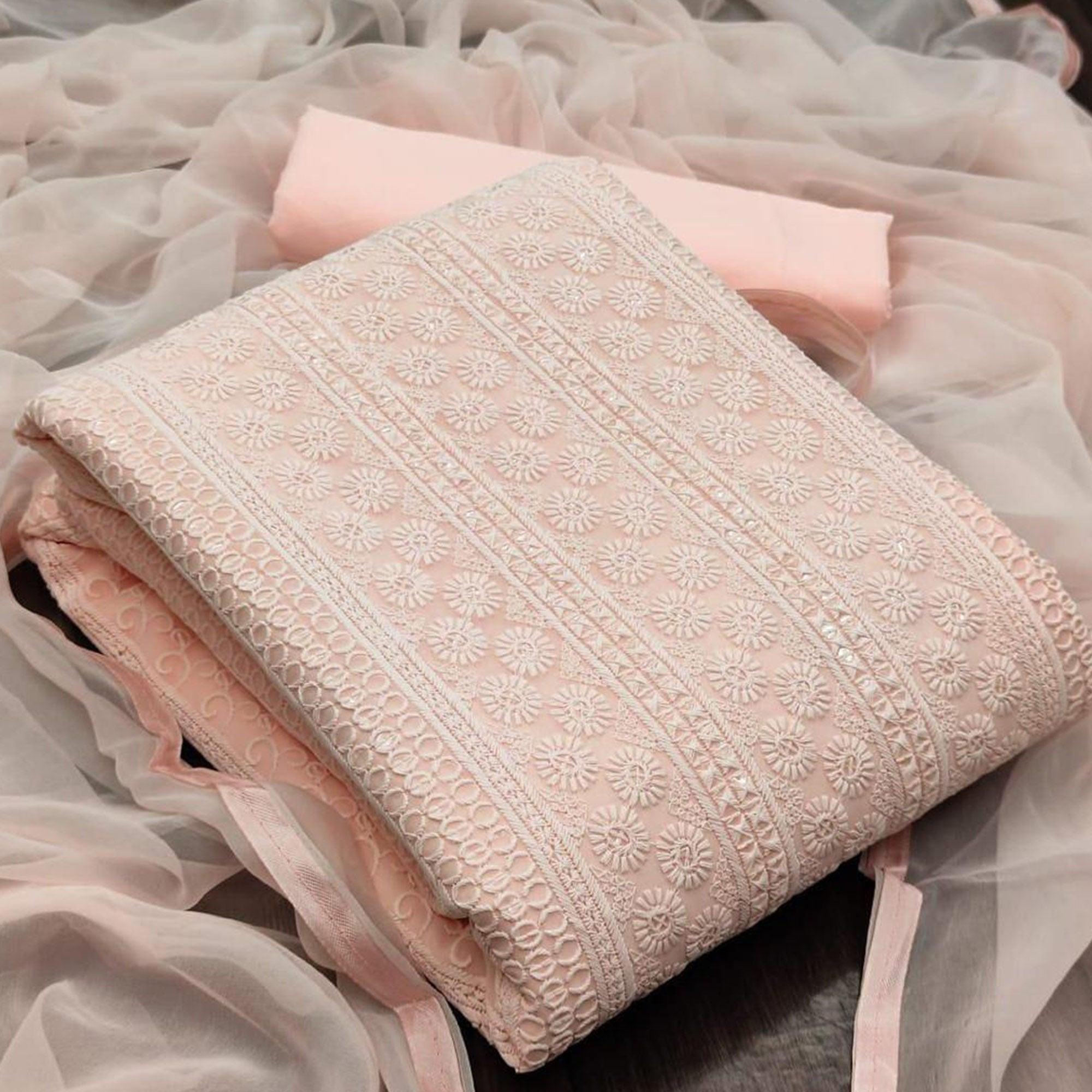 Orange Casual Wear Sequence Embroidered Georgette Dress Material - Peachmode