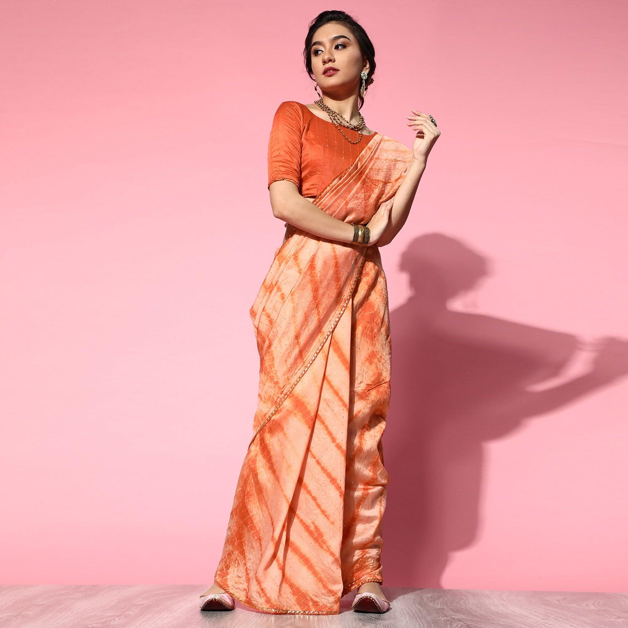 Orange Casual Wear Sequence Work Pure Cotton Silk Saree - Peachmode