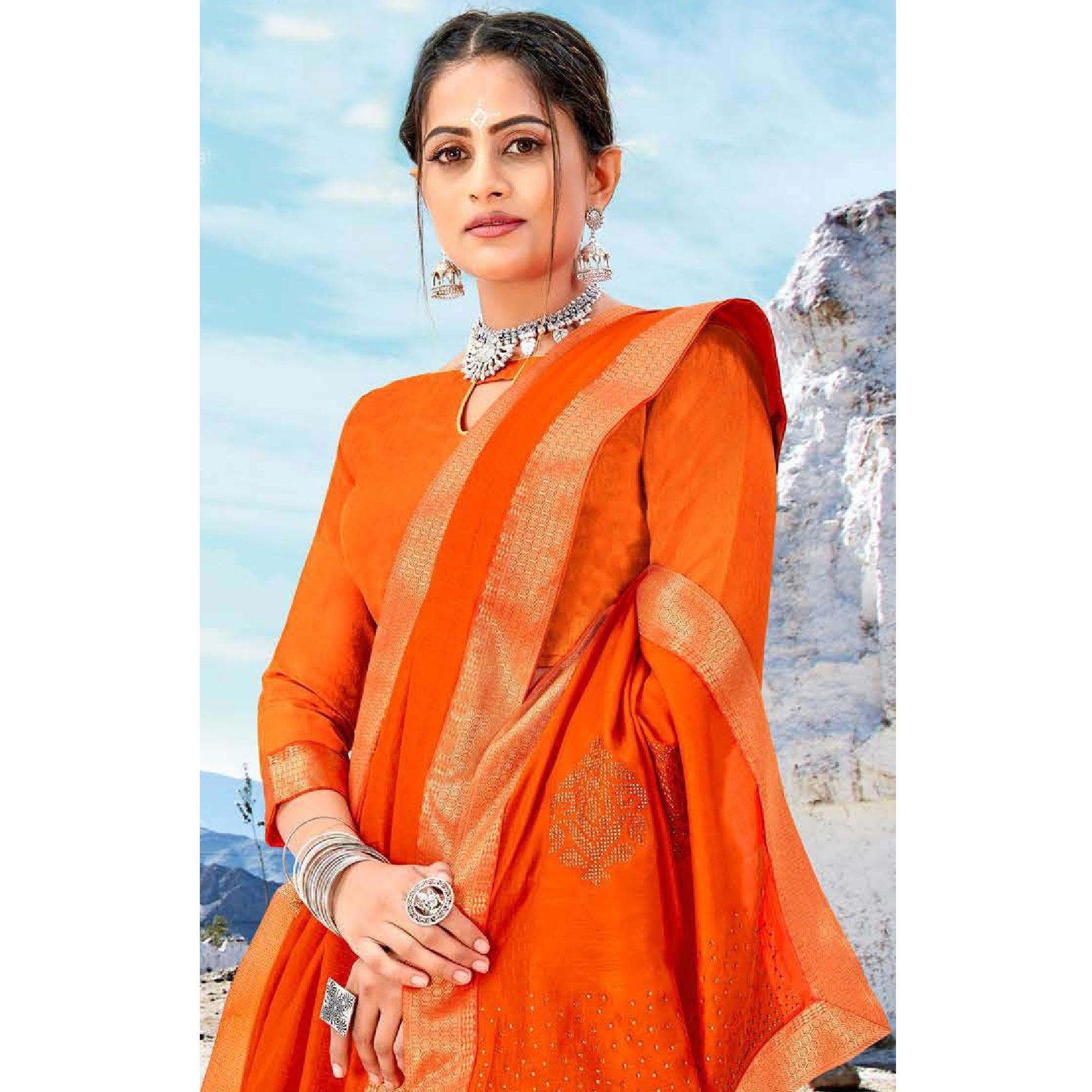 Orange Casual Wear Solid And Woven Silk Saree - Peachmode