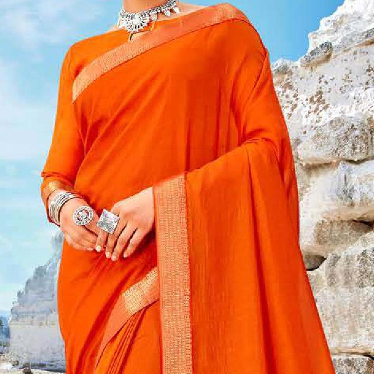 Orange Casual Wear Solid And Woven Silk Saree - Peachmode