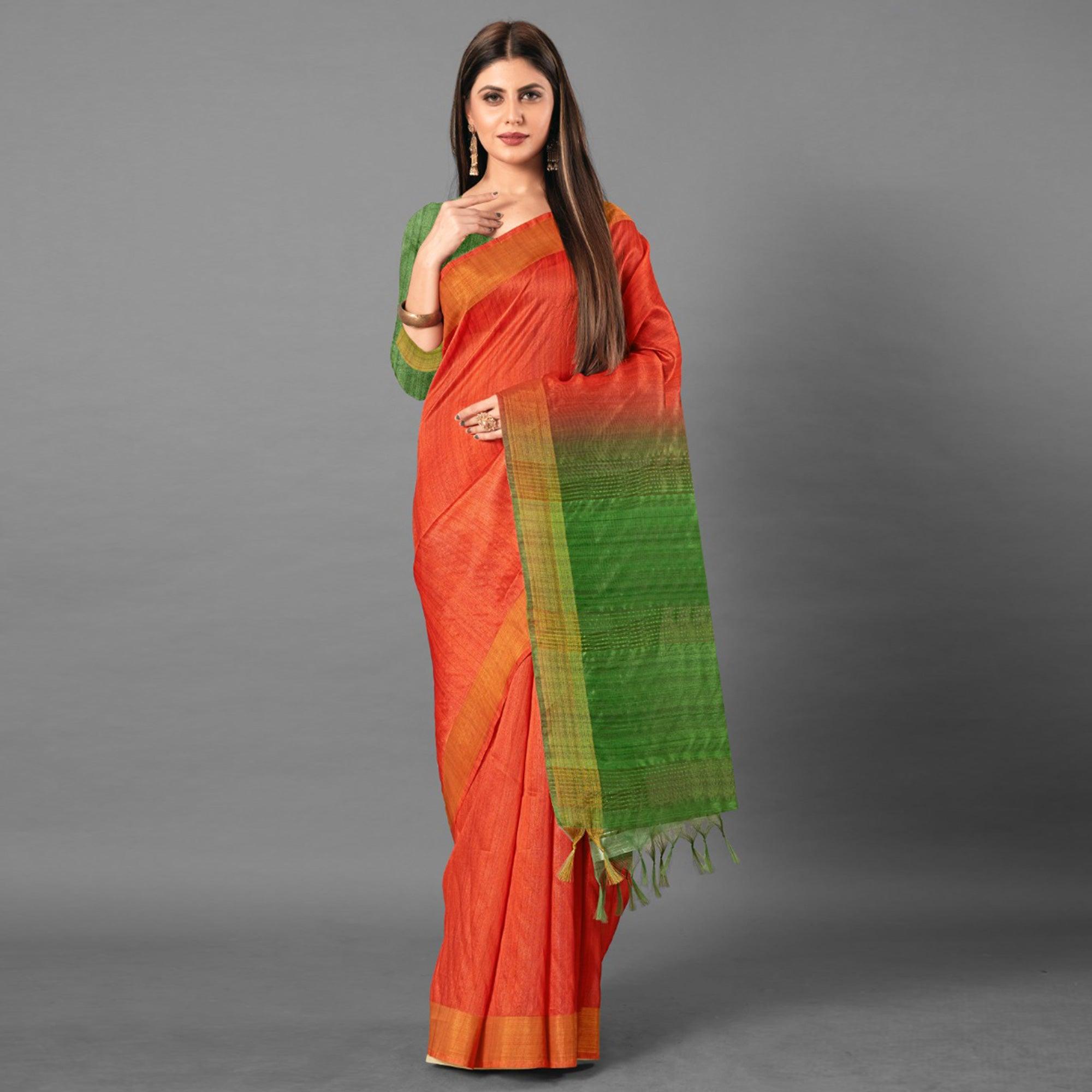 Orange Casual Wear Solid Cotton silk Saree - Peachmode