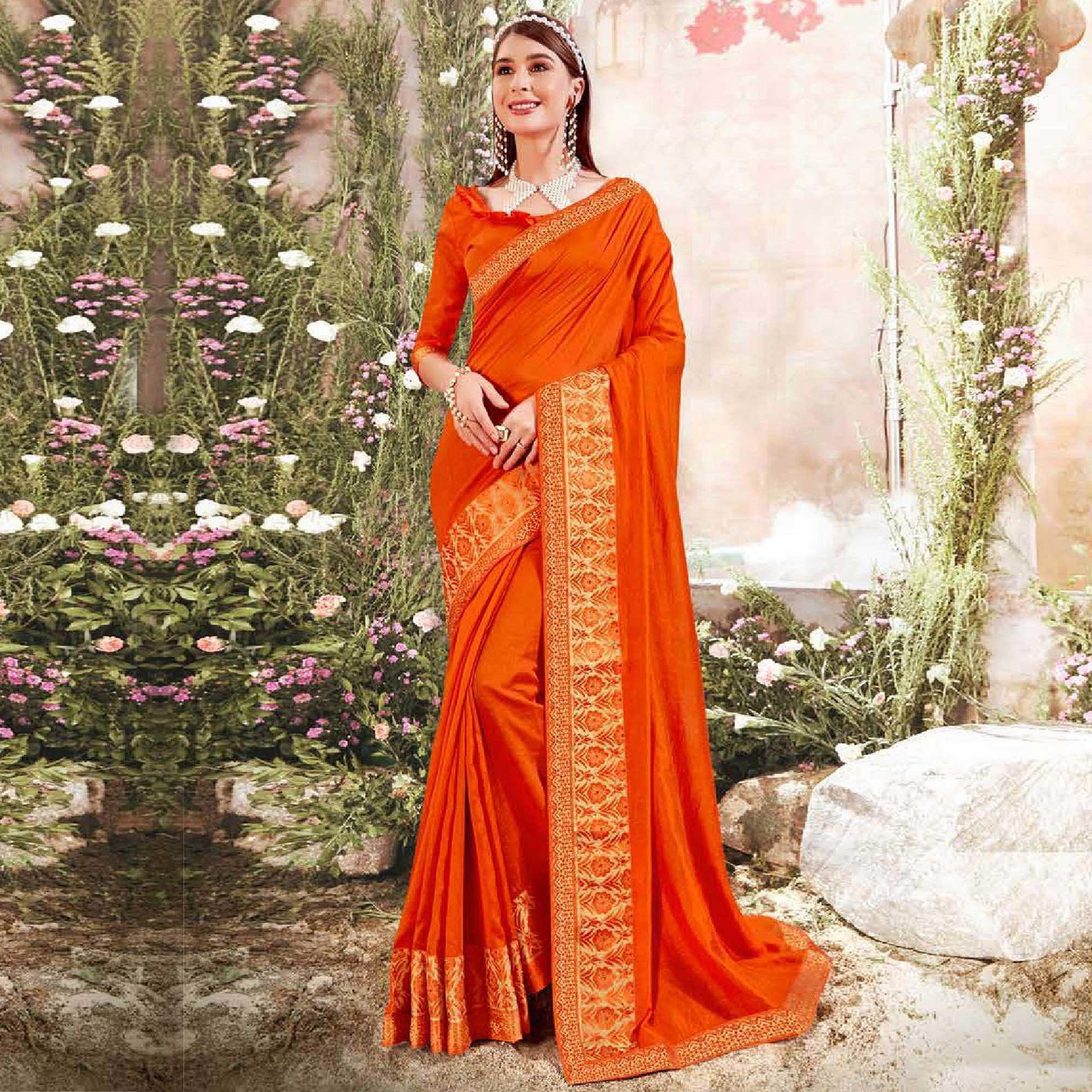 Orange Casual Wear Solid Silk Saree With Fancy Border - Peachmode