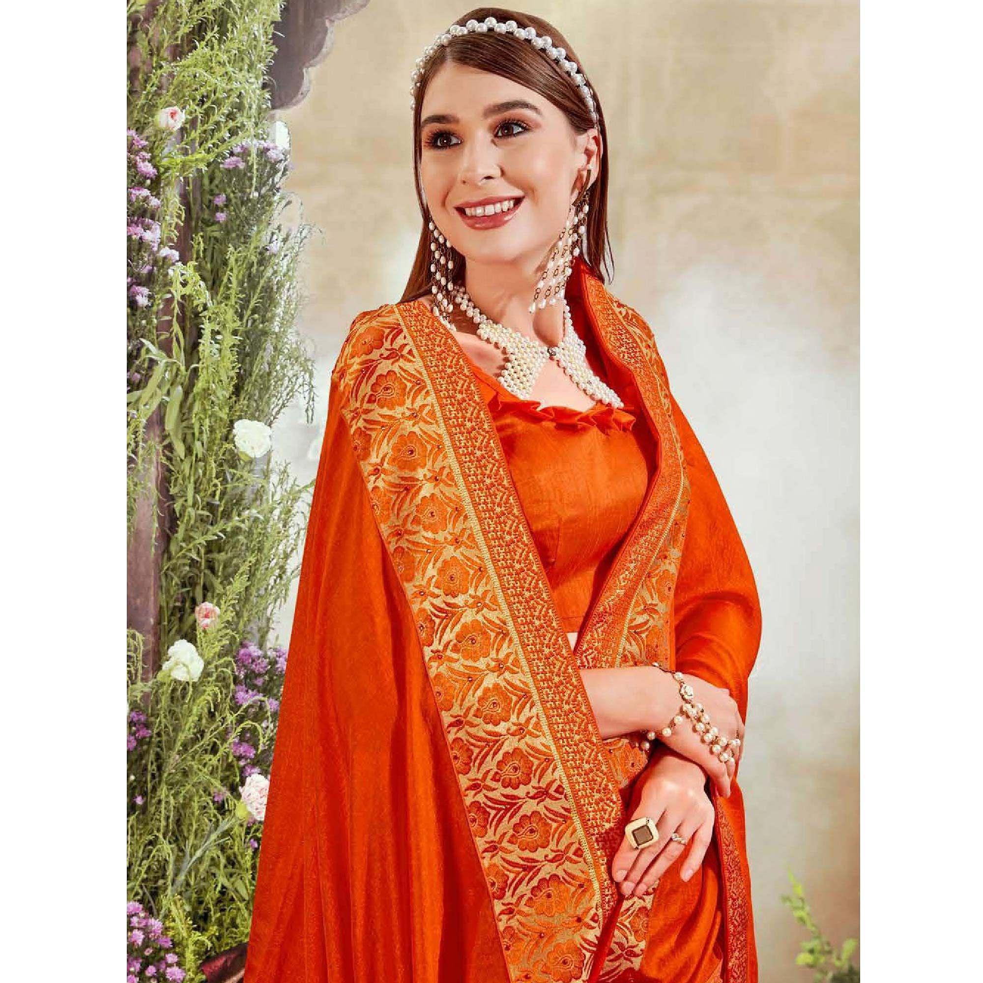 Orange Casual Wear Solid Silk Saree With Fancy Border - Peachmode