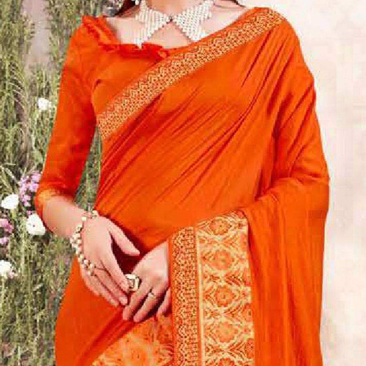 Orange Casual Wear Solid Silk Saree With Fancy Border - Peachmode