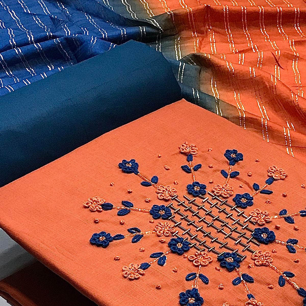 Orange Casual Wear Thread & Embellished Khatli Work Cotton Dress Material - Peachmode