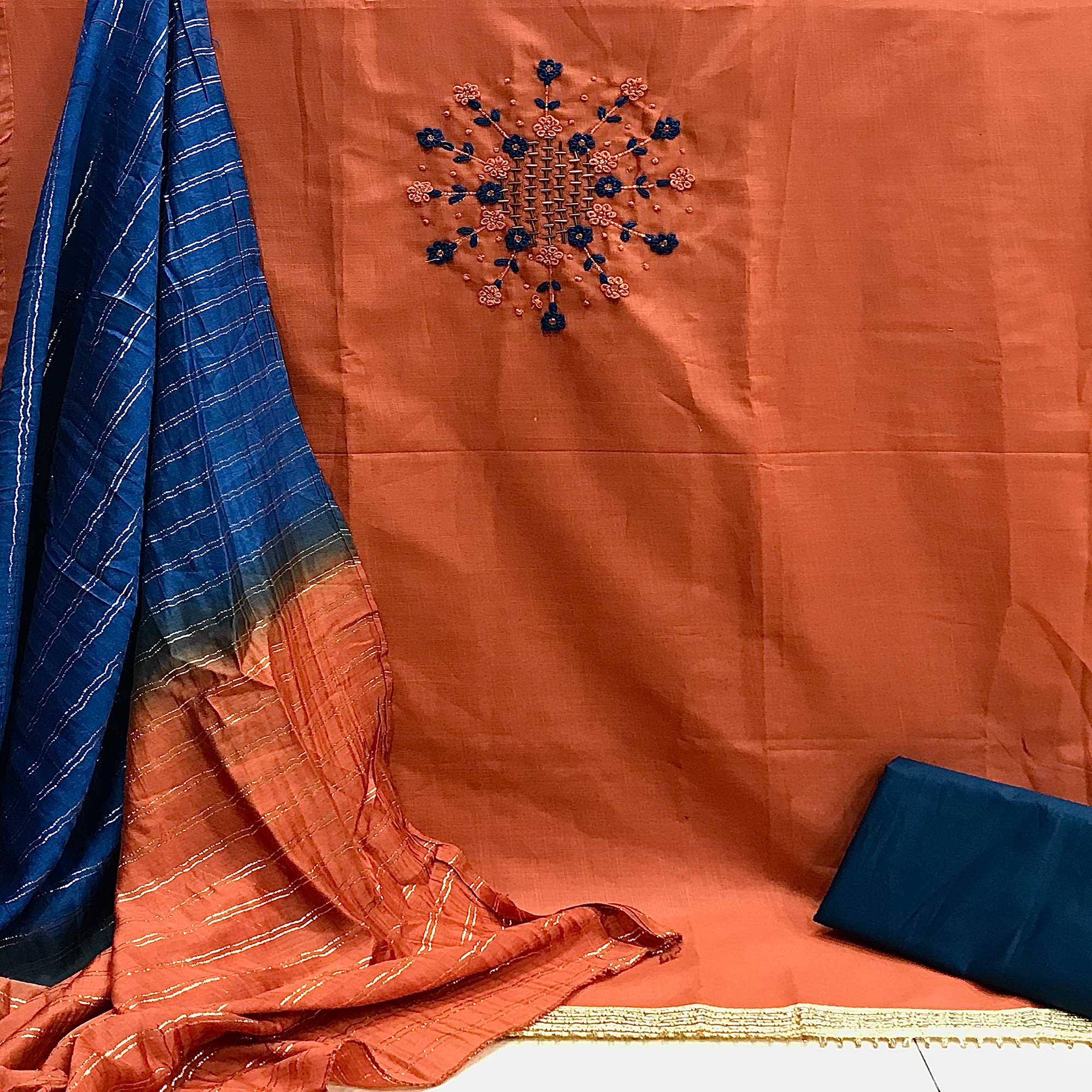 Orange Casual Wear Thread & Embellished Khatli Work Cotton Dress Material - Peachmode