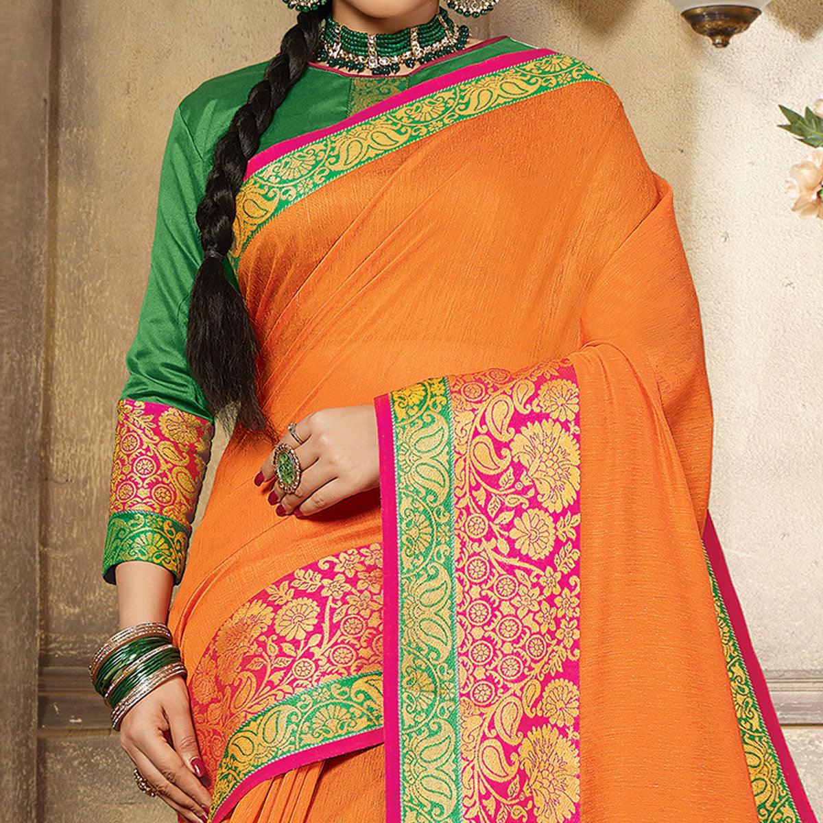 Orange Casual Wear Woven Cotton Handloom Saree - Peachmode
