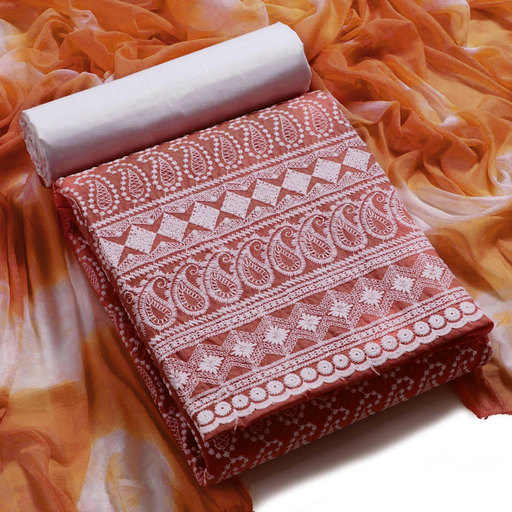Orange Chikankari Work Poly Cotton Dress Material - Peachmode
