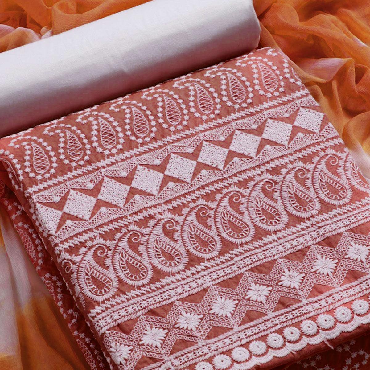 Orange Chikankari Work Poly Cotton Dress Material - Peachmode