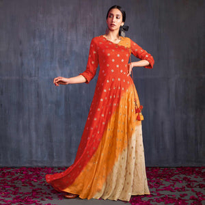 Orange-Cream Foil Printed Viscose Gown - Peachmode