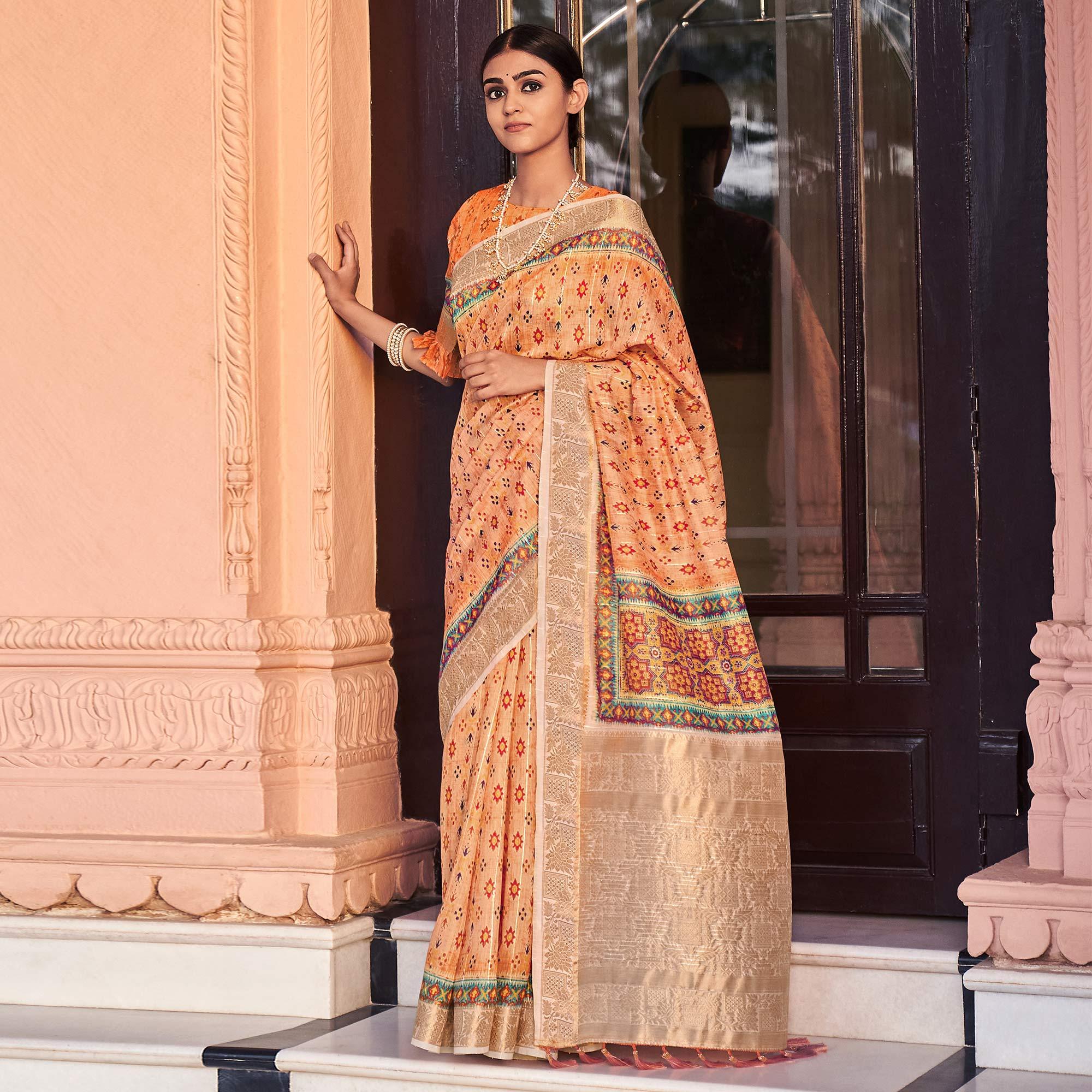 Orange Digital Printed Linen Saree - Peachmode