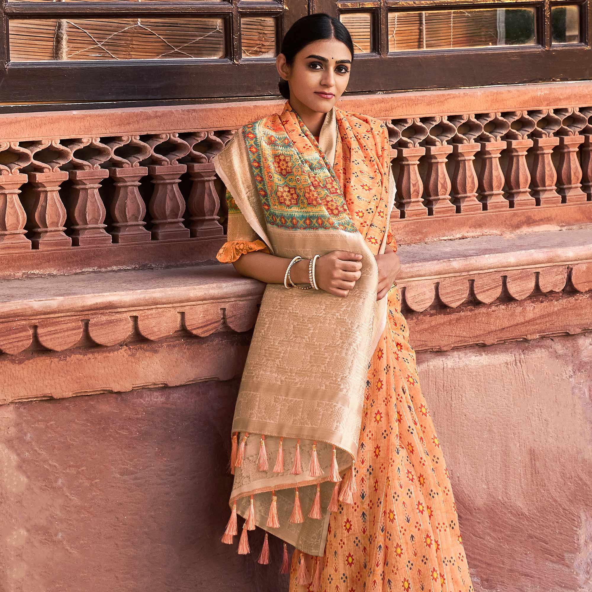 Orange Digital Printed Linen Saree - Peachmode