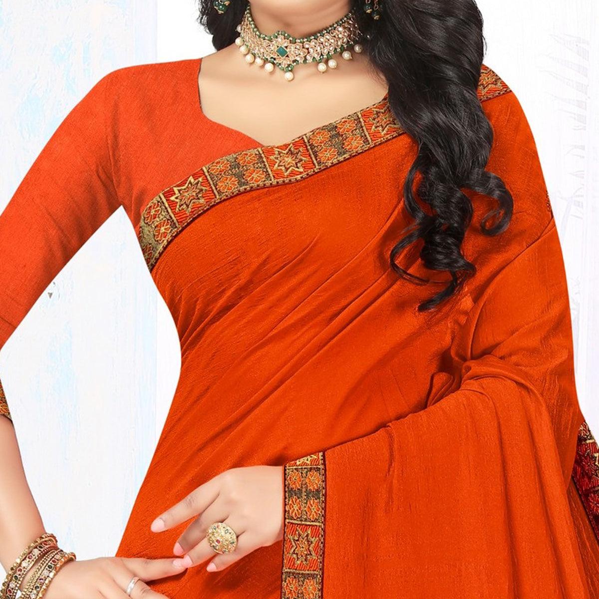 Orange Embellished Vichitra Silk Saree - Peachmode
