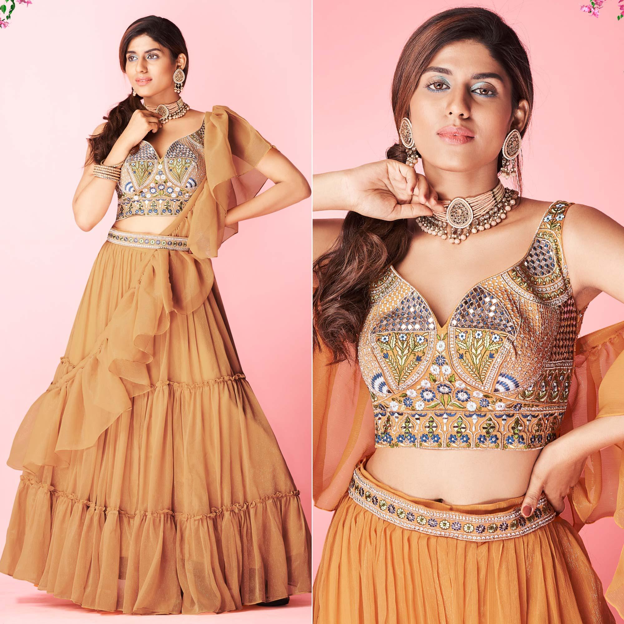 Orange Embellished With Embroidered Chiffon Lehenga Choli - Peachmode