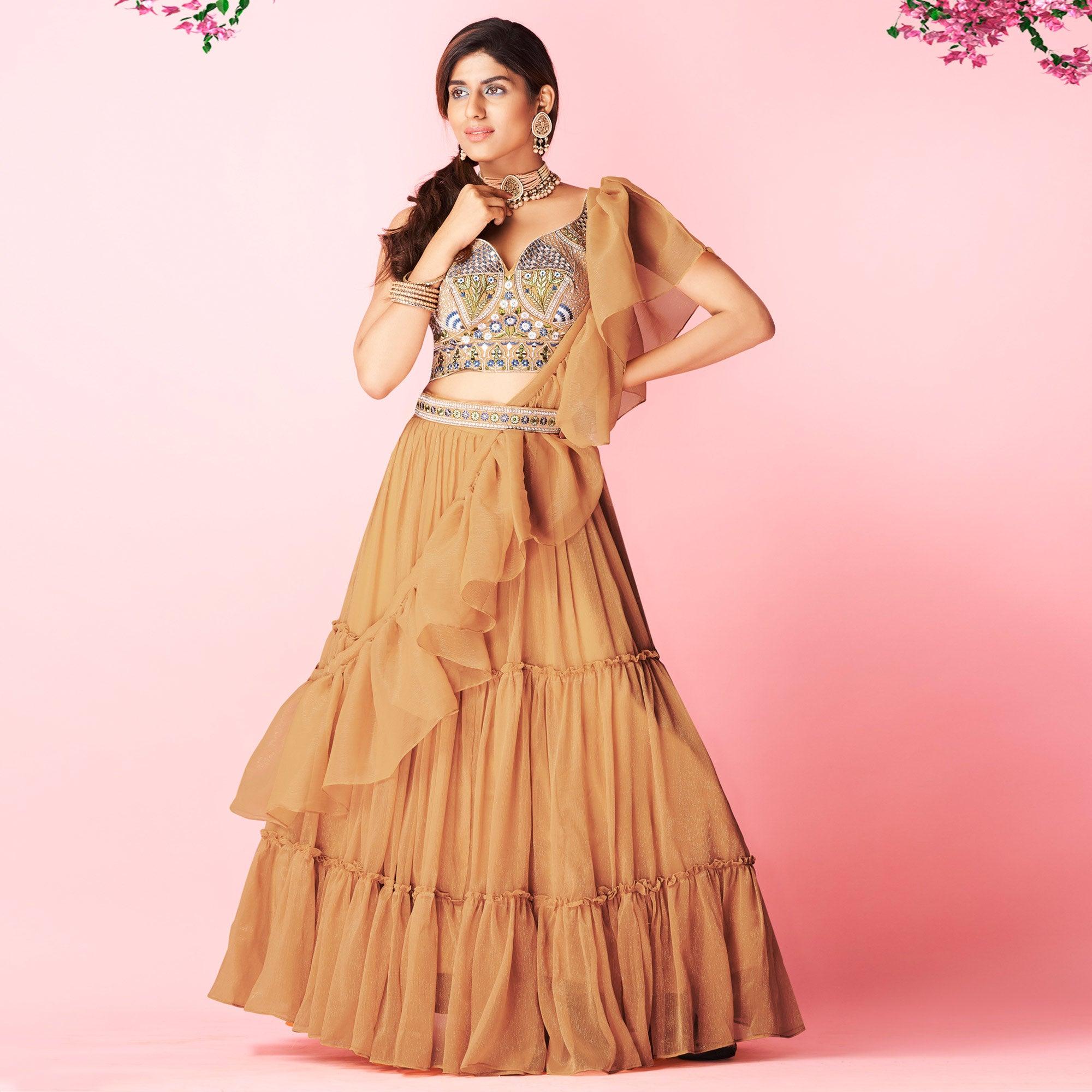 Orange Embellished With Embroidered Chiffon Lehenga Choli - Peachmode