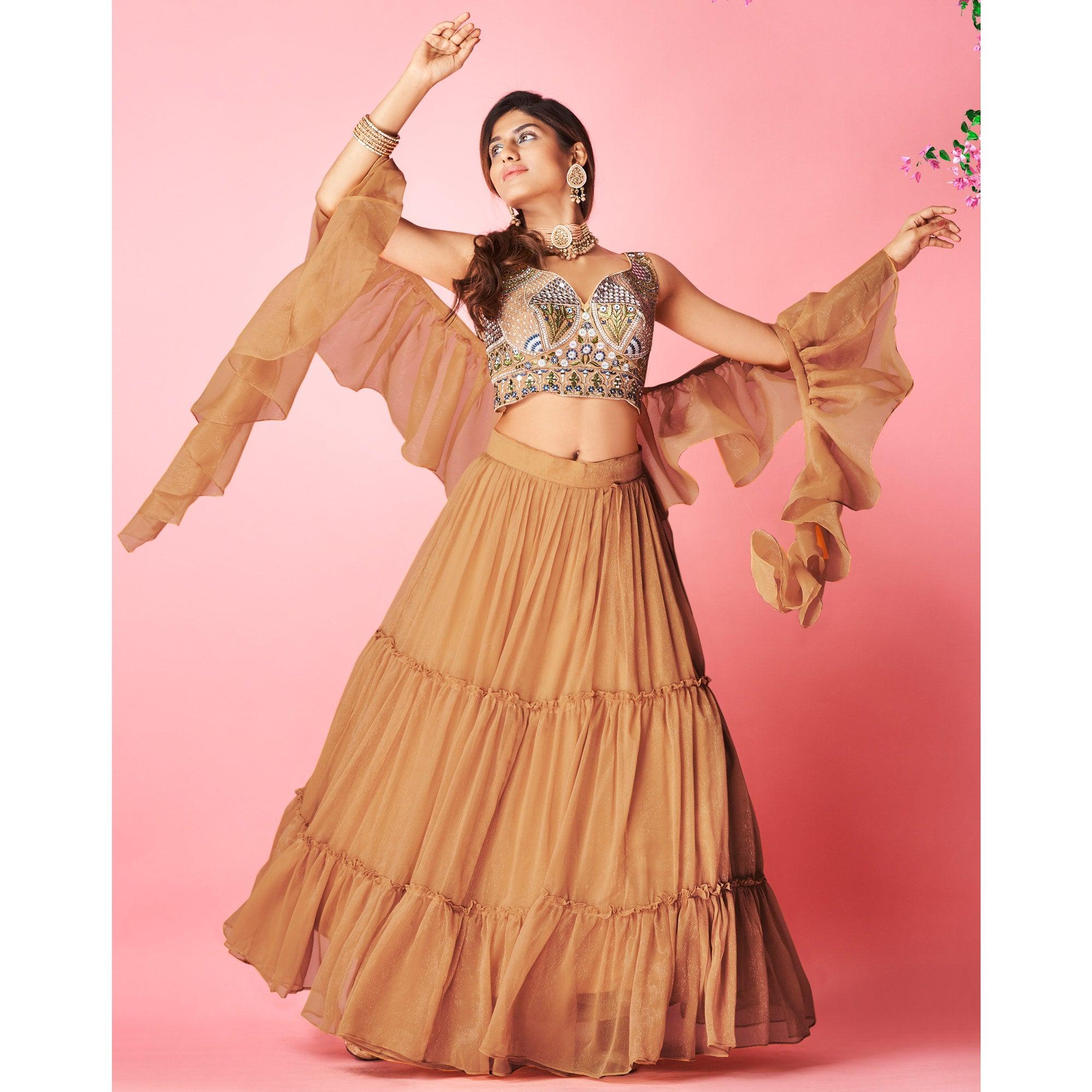 Orange Embellished With Embroidered Chiffon Lehenga Choli - Peachmode