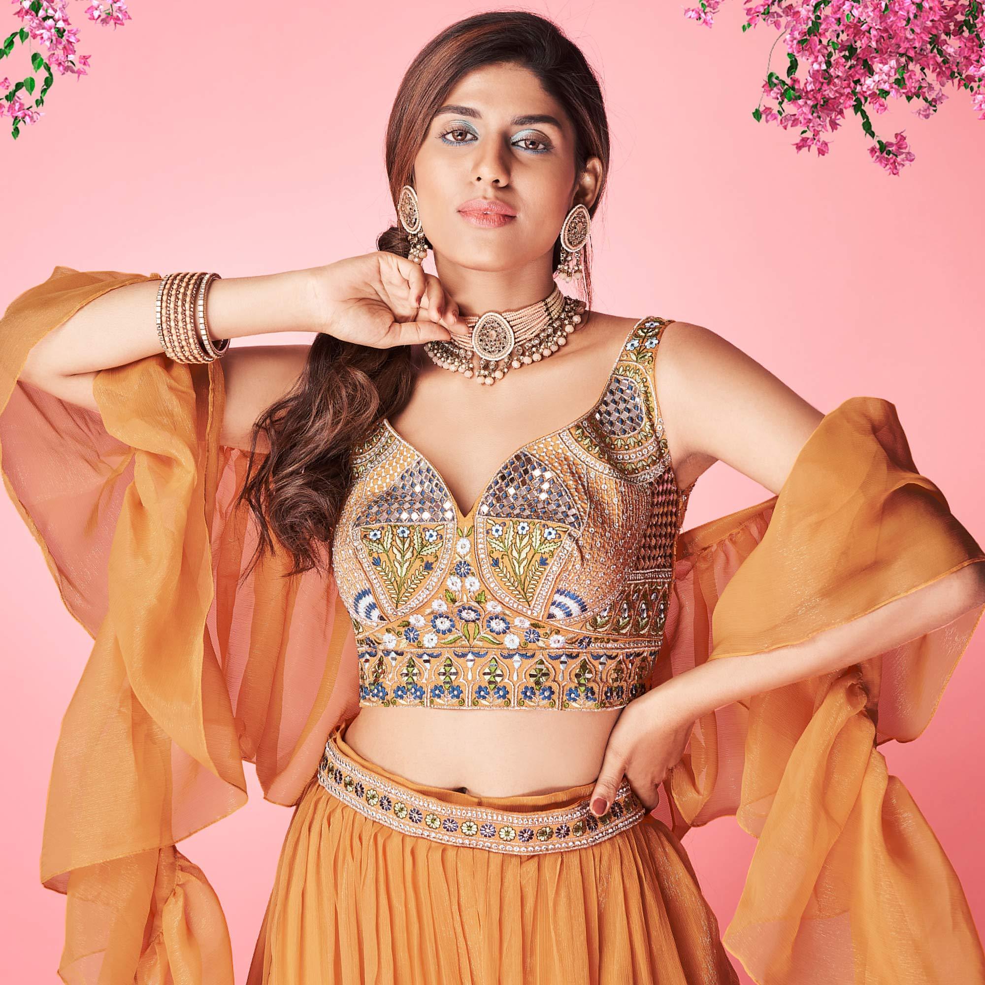Orange Embellished With Embroidered Chiffon Lehenga Choli - Peachmode