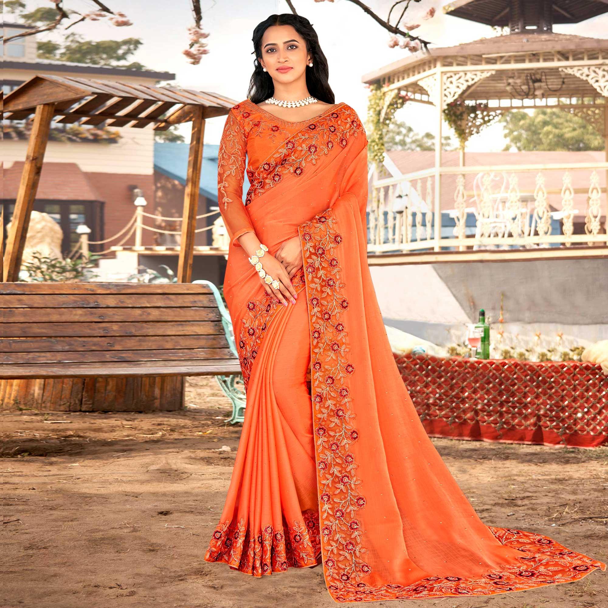 Orange Embellished With Embroidered Chiffon Saree - Peachmode