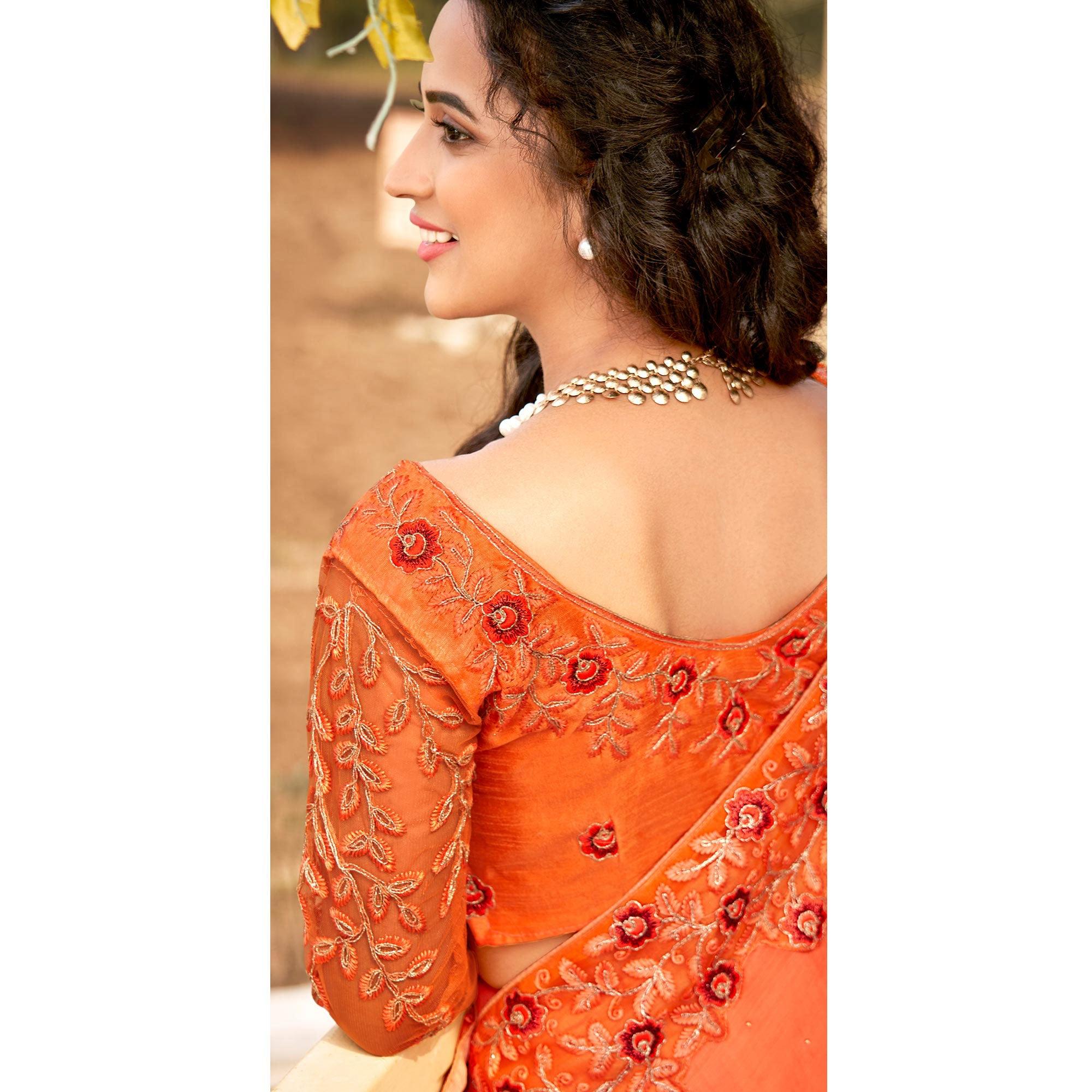 Orange Embellished With Embroidered Chiffon Saree - Peachmode