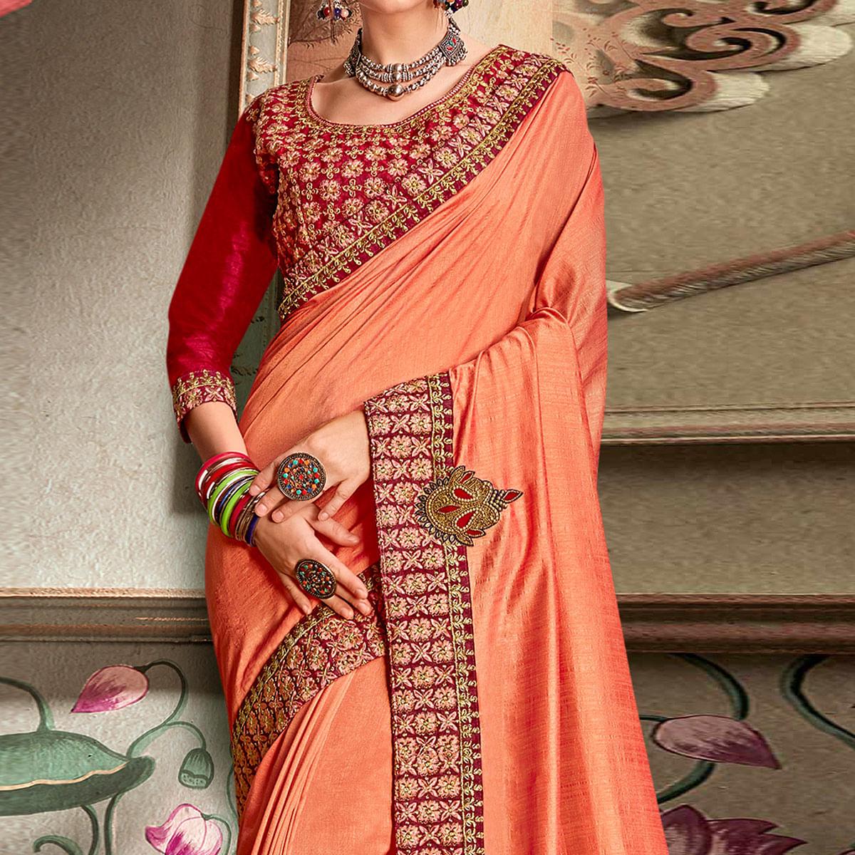 Orange Embellished With Embroidered Vichitra Silk Saree - Peachmode